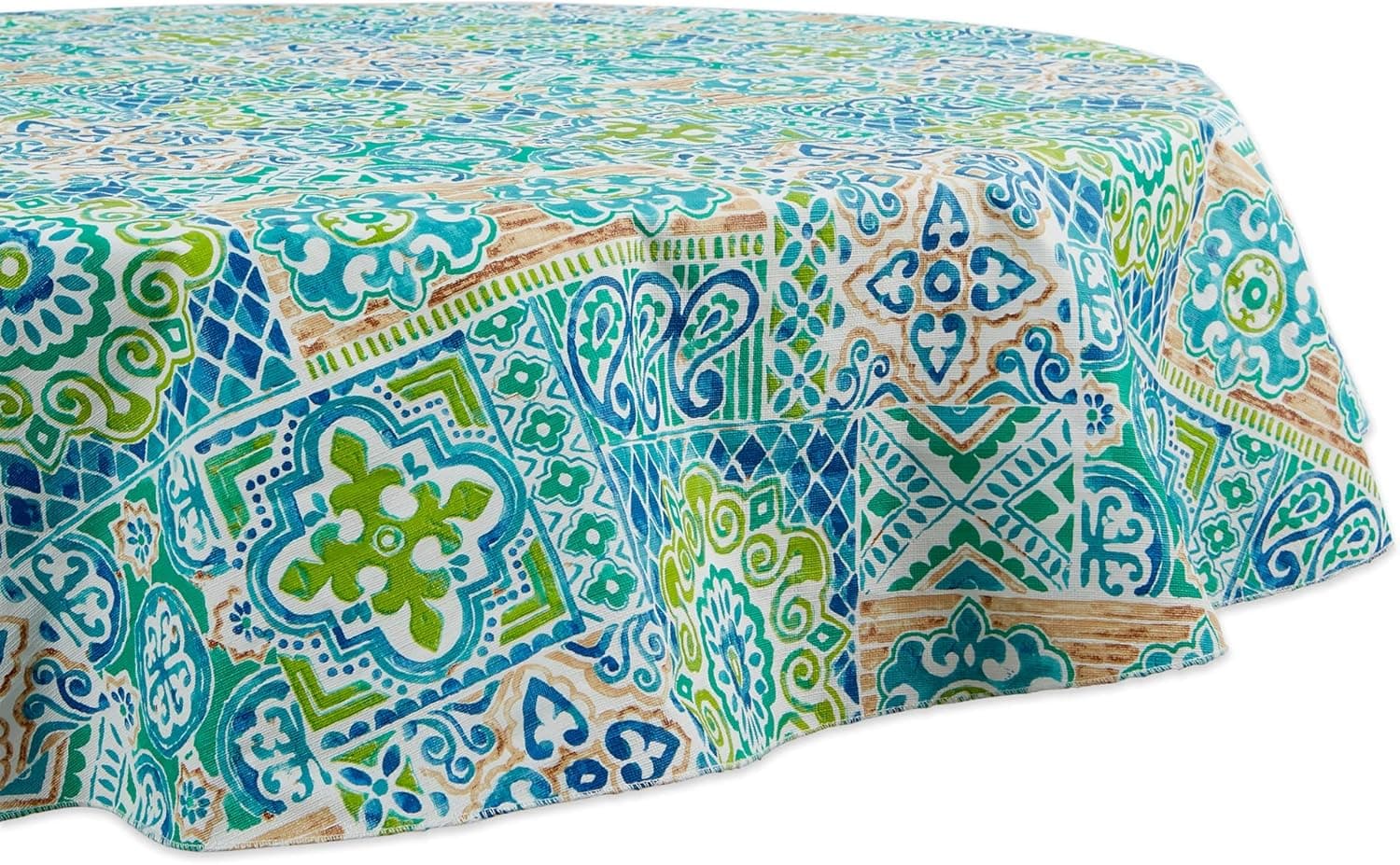 DII Spanish Tile Print Collection Vinyl Multi-Use, Flannel Backed Tablecloth, 70" Round, Spanish Tile