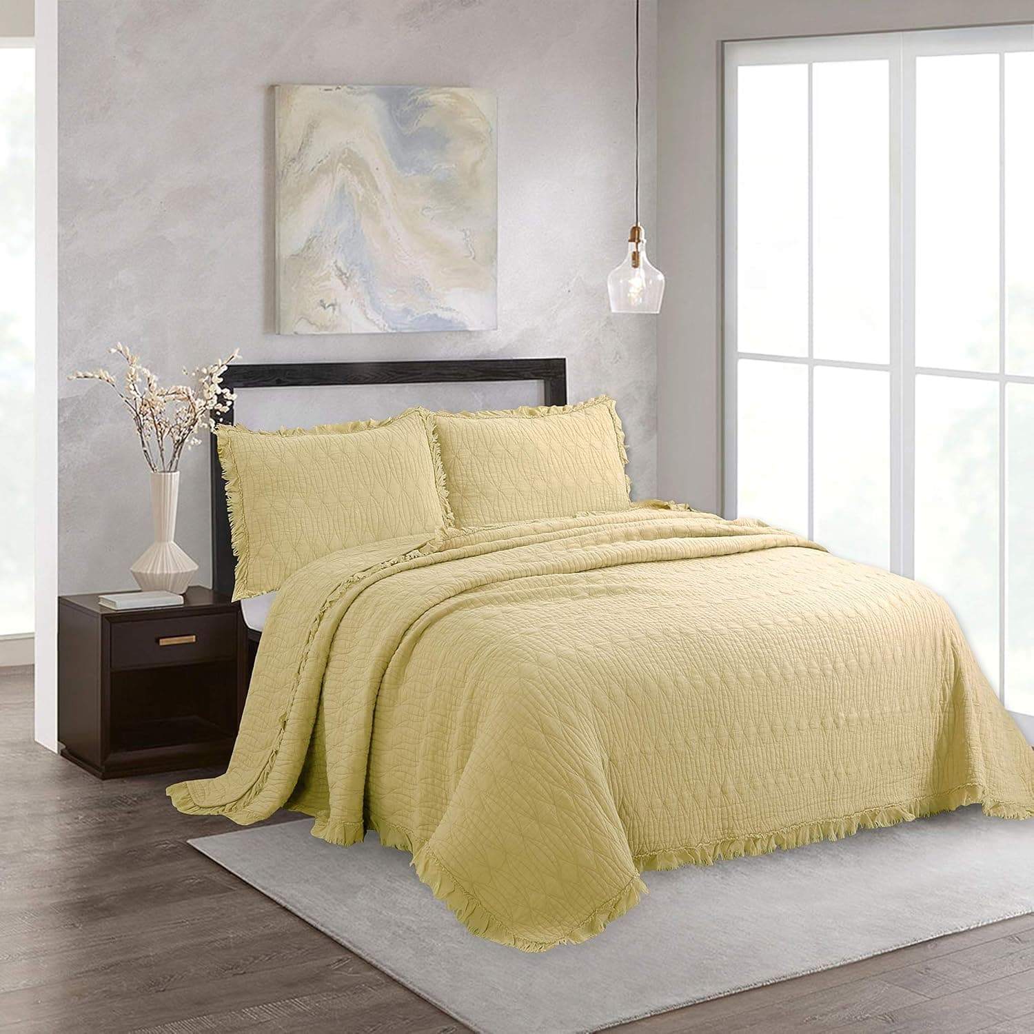 NIUDECOR 3-Piece Quilt Set Cotton Reversible Stone Washed Coverlet Set with Ruffle, 1 Quilt and 2 Pillow Shams, Mustard, King