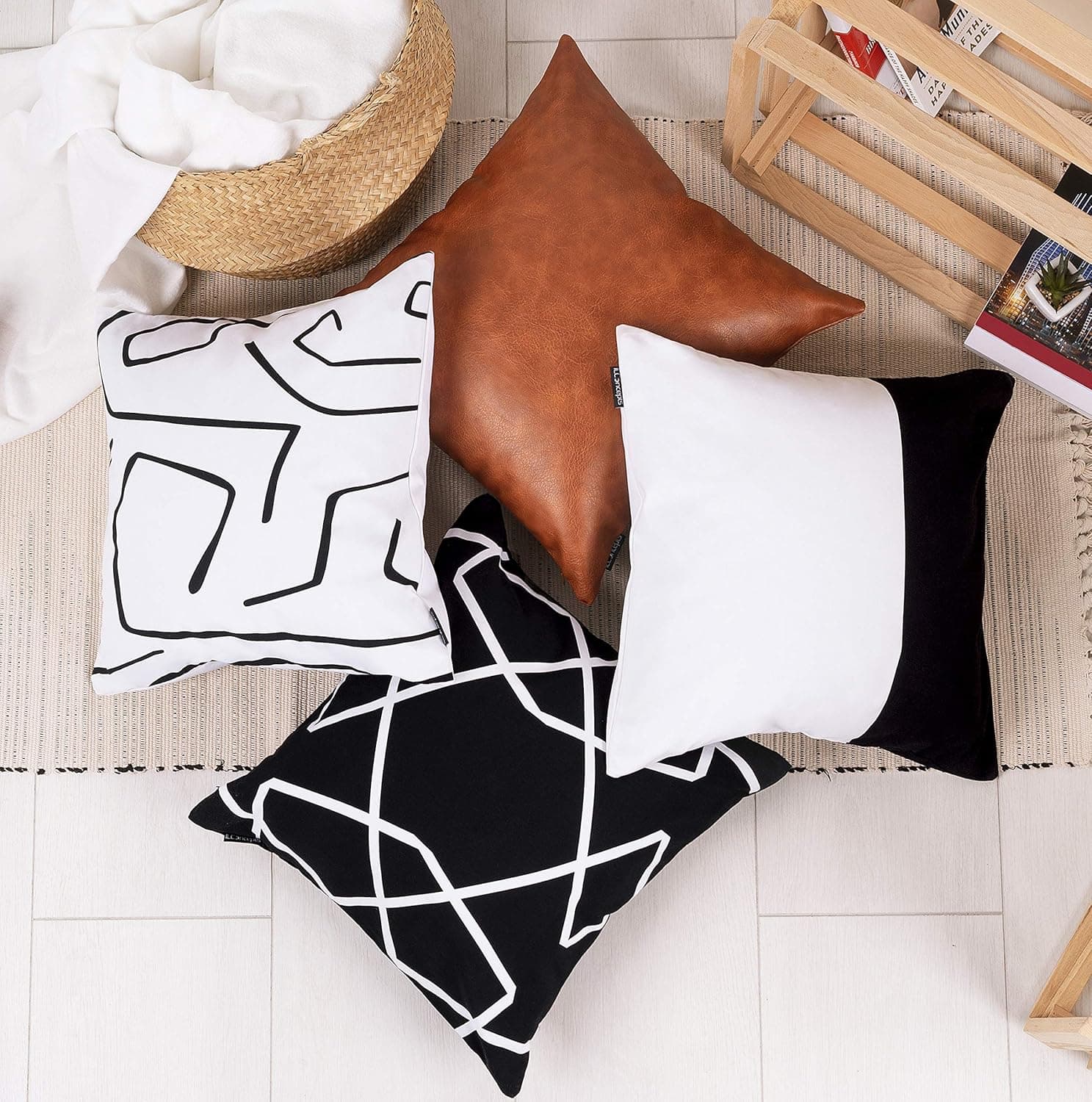 Decorative Throw Pillow Covers 18x18 for Couch Sofa Bed, Mid Century Modern Accent Pillows, Farmhouse Pillow Cover Set of 4, Black White Geometric Stripe Cotton Covers, Faux Leather Square Pillow Case