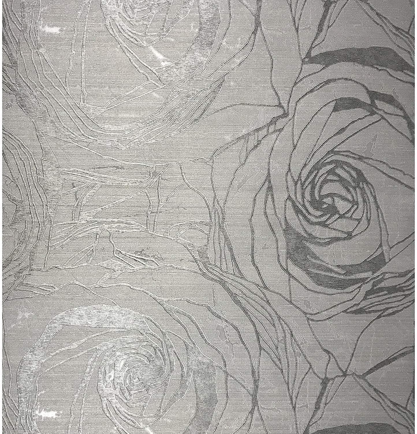76 sq.ft Made in Italy Portofino Textured Platinum wallcoverings Rolls Modern Embossed Vinyl Wallpaper Silver Gold Gray Metallic Floral Large Roses Flowers Pattern Wall Paper coverings Washable 3D