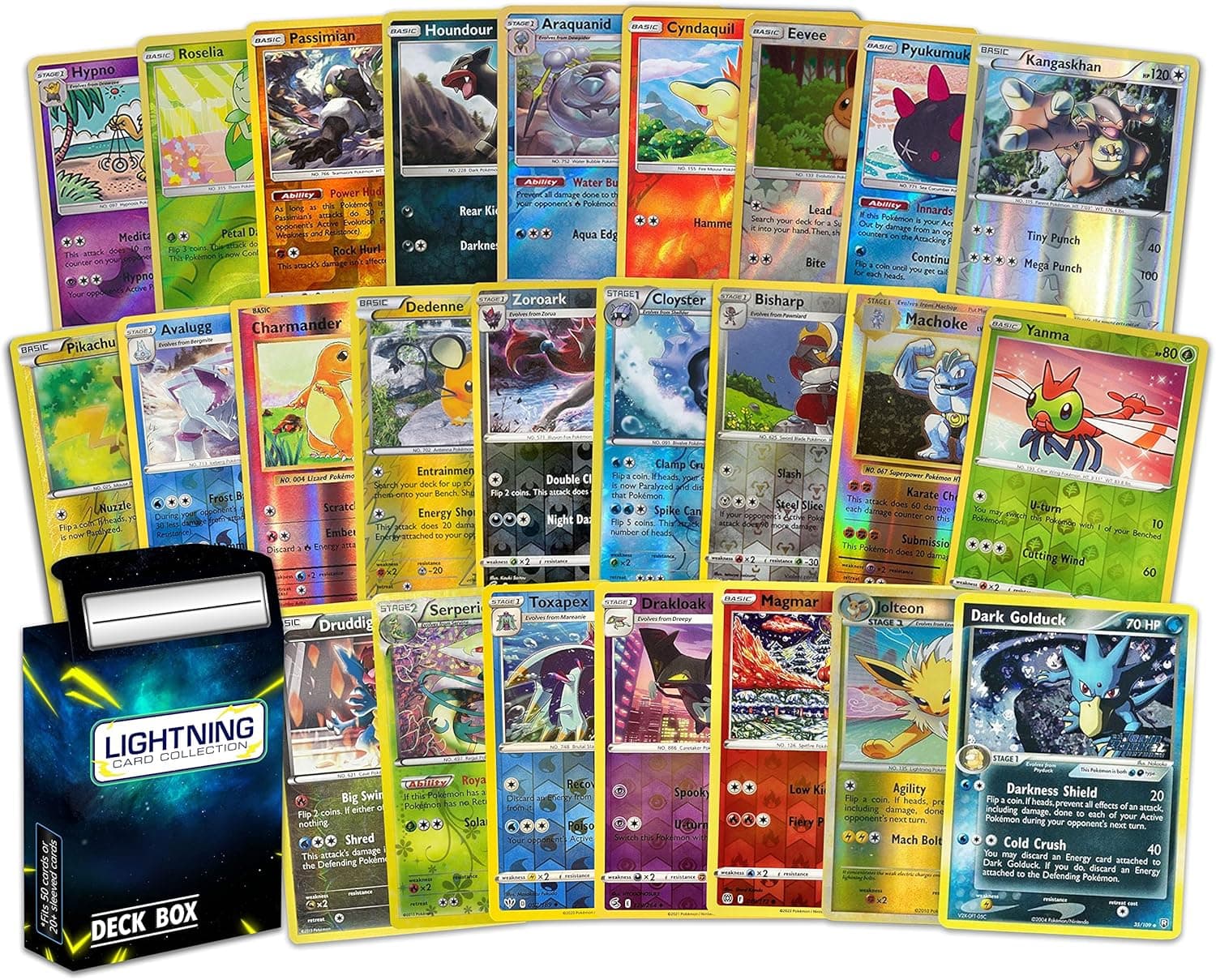 Lightning Card Collection 25 Holo Card Pack NO Duplicates All Cards are Holographic/foil Cards Plus an LCC Deck Box Compatible with Pokemon Cards