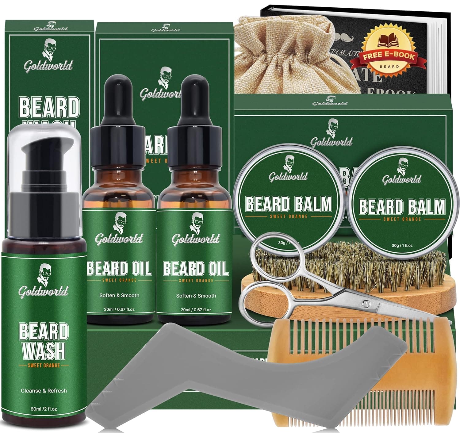 Beard Kit,Beard Growth Grooming Kit w/2 Pack Beard Oil & 2 Pack Beard Balm,Christmas Stocking Stuffers Gifts for Men Him Husband Dad Boyfriend,Shaving Kit w/Beard Wash Comb Brush (Orange)