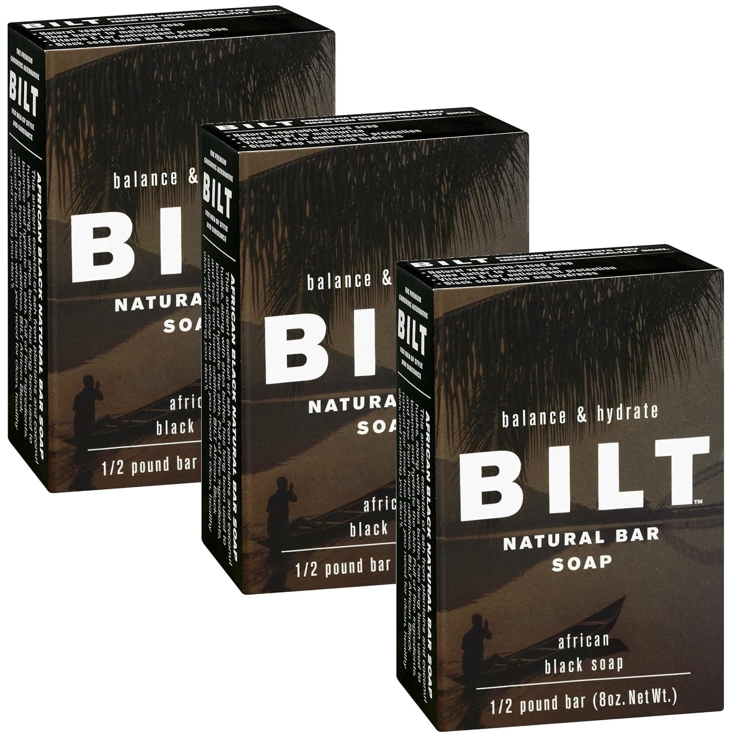 BILT Natural Bar Soap for Men 8 oz, African Black Soap (3 Pack)
