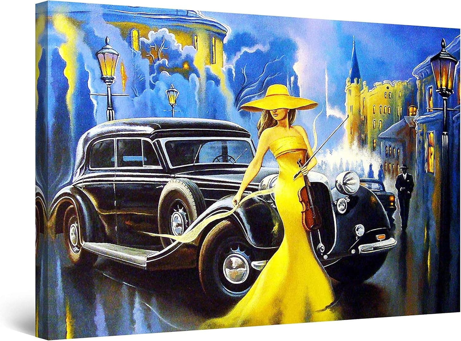 Startonight Canvas Wall Art Abstract - Retro Black Car and Woman in Yellow Painting - Large Framed 32" x 48"