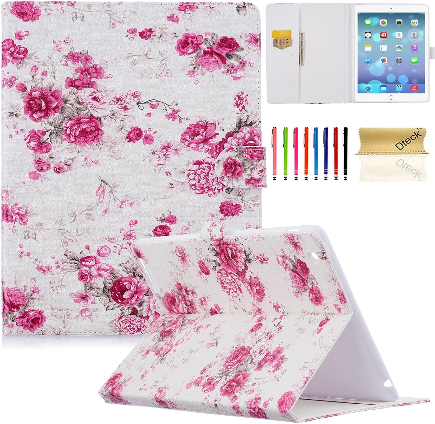 iPad 4 Case, iPad 3 Case, iPad 2 Case, Dteck(TM) Cartoon Cute Design Flip Folio Stand Leather Case Magnetic Cover for Apple iPad 2 3 4 with Bonus Cleaning Cloth & Stylus Pen (02 Flower Floral)