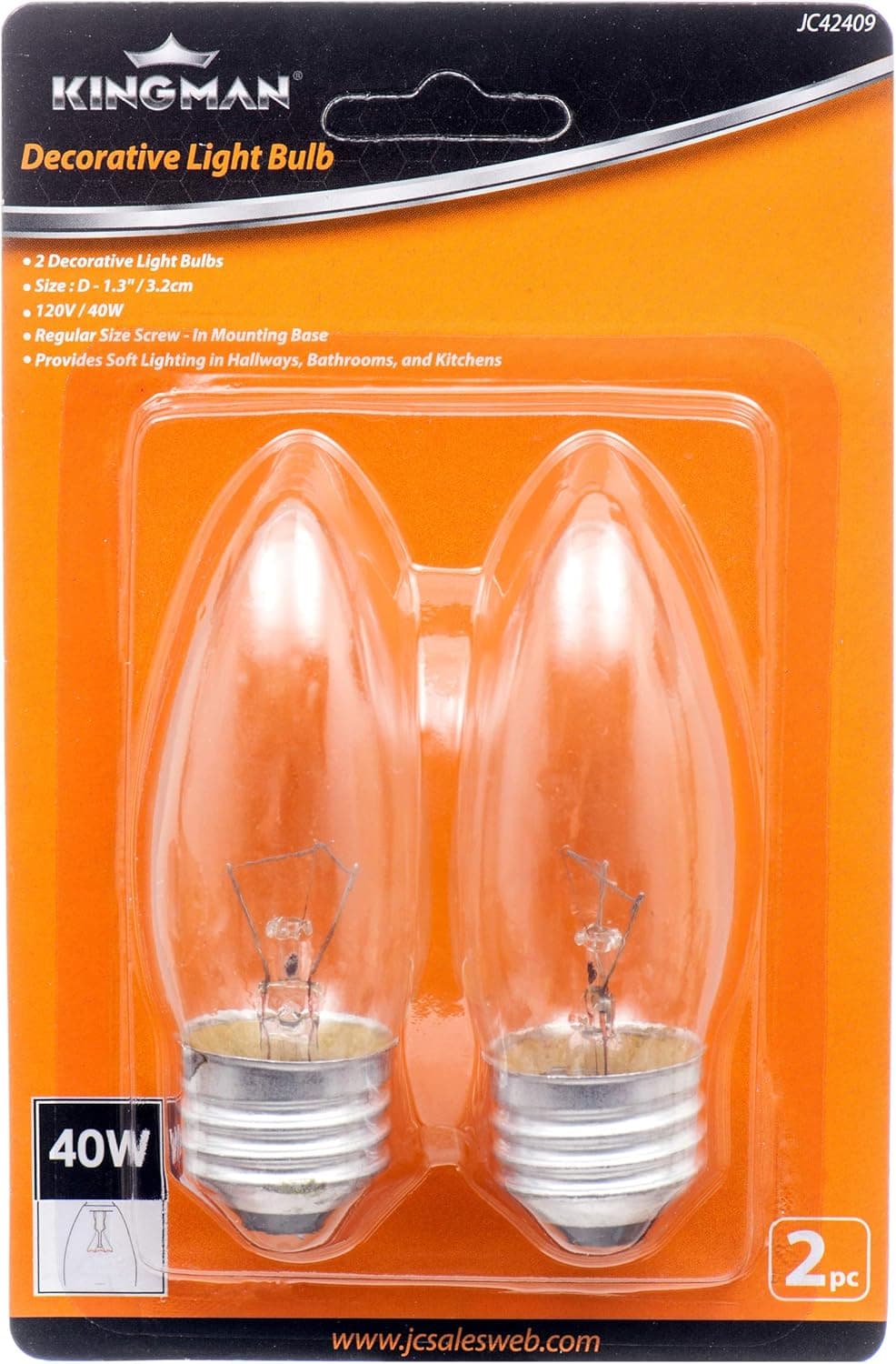 Kingman Decorative Blunt Tip Incandescent Light Bulb Regular Base (2 Bulbs) 40W 120V