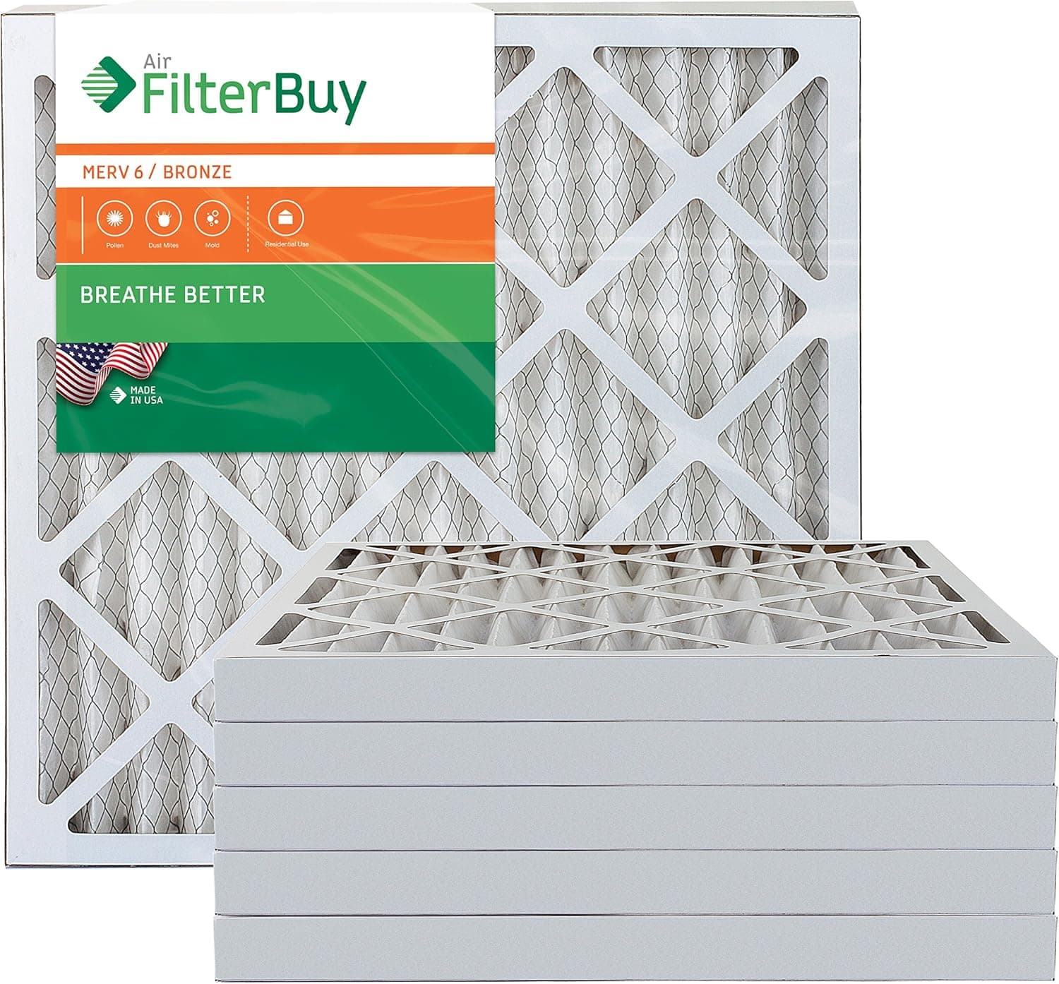 AFB Bronze MERV 6 20x20x2 Pleated AC Furnace Air Filter. Pack of 6 Filters. 100% produced in the USA.