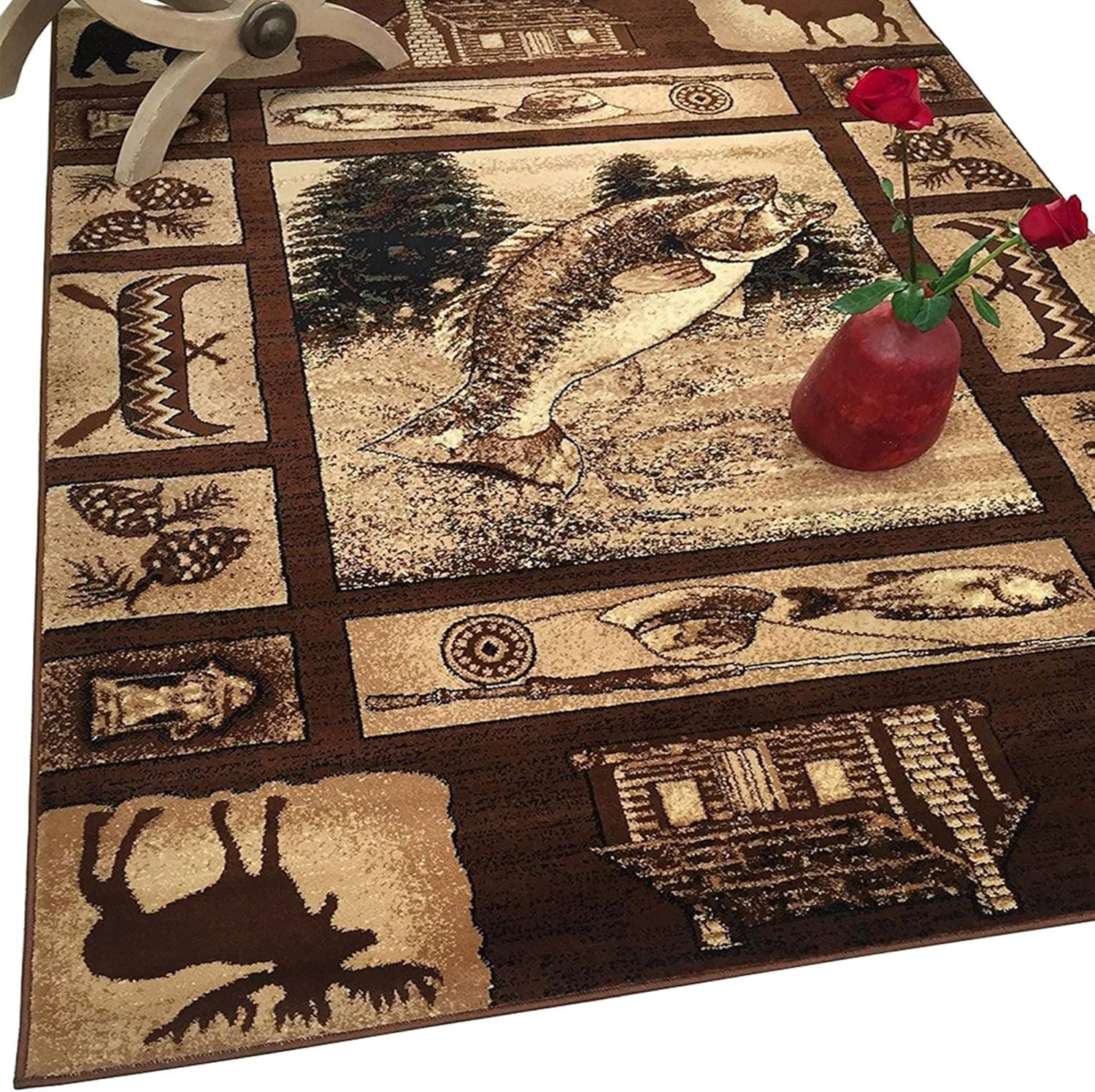 HR Cabin Rug–Lodge, Cabin Nature and Animals Area Rug–Modern Geometric Design Cabin Area Rug–Abstract, Multicolor Design– Moose/Kayak/Fishing Equipment/Big Fish