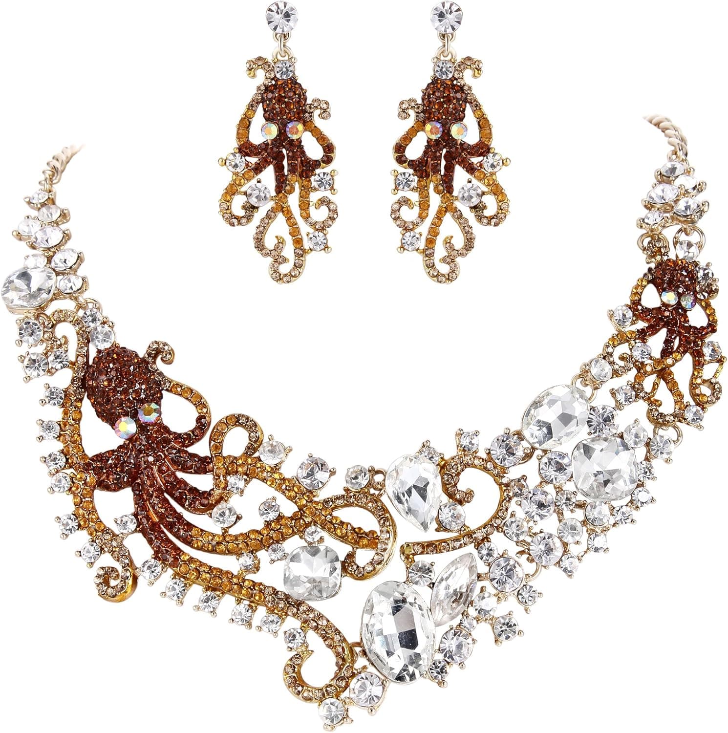 EVER FAITH Rhinestone Crystal Octopus Necklace Earrings Set