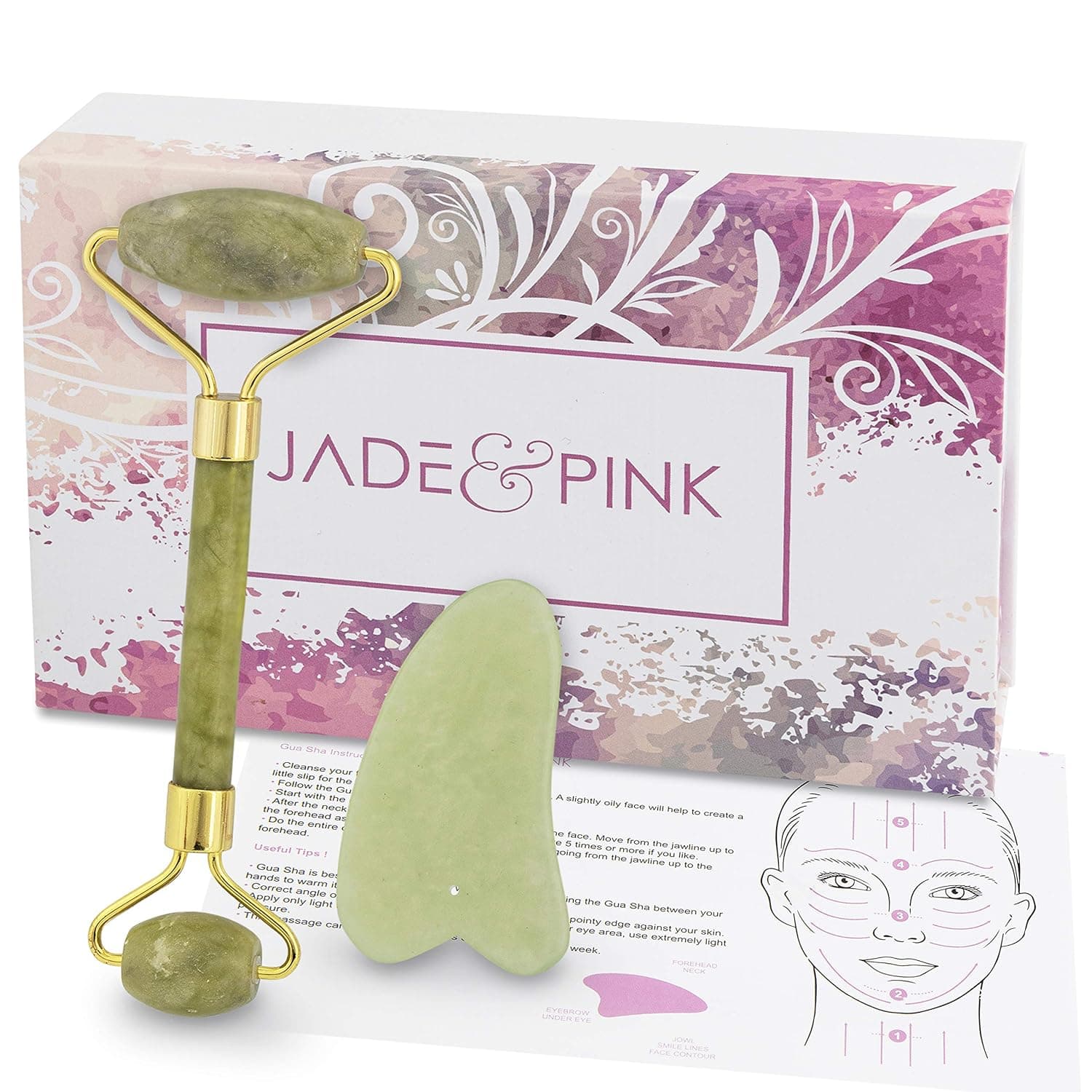 100% Natural Jade Roller & Guasha set by Jade & Pink - Anti Aging Lymphatic drainage & facial massage treatment for wrinkles, puffiness - face, body, eye, neck firming beauty skin care tool with bag