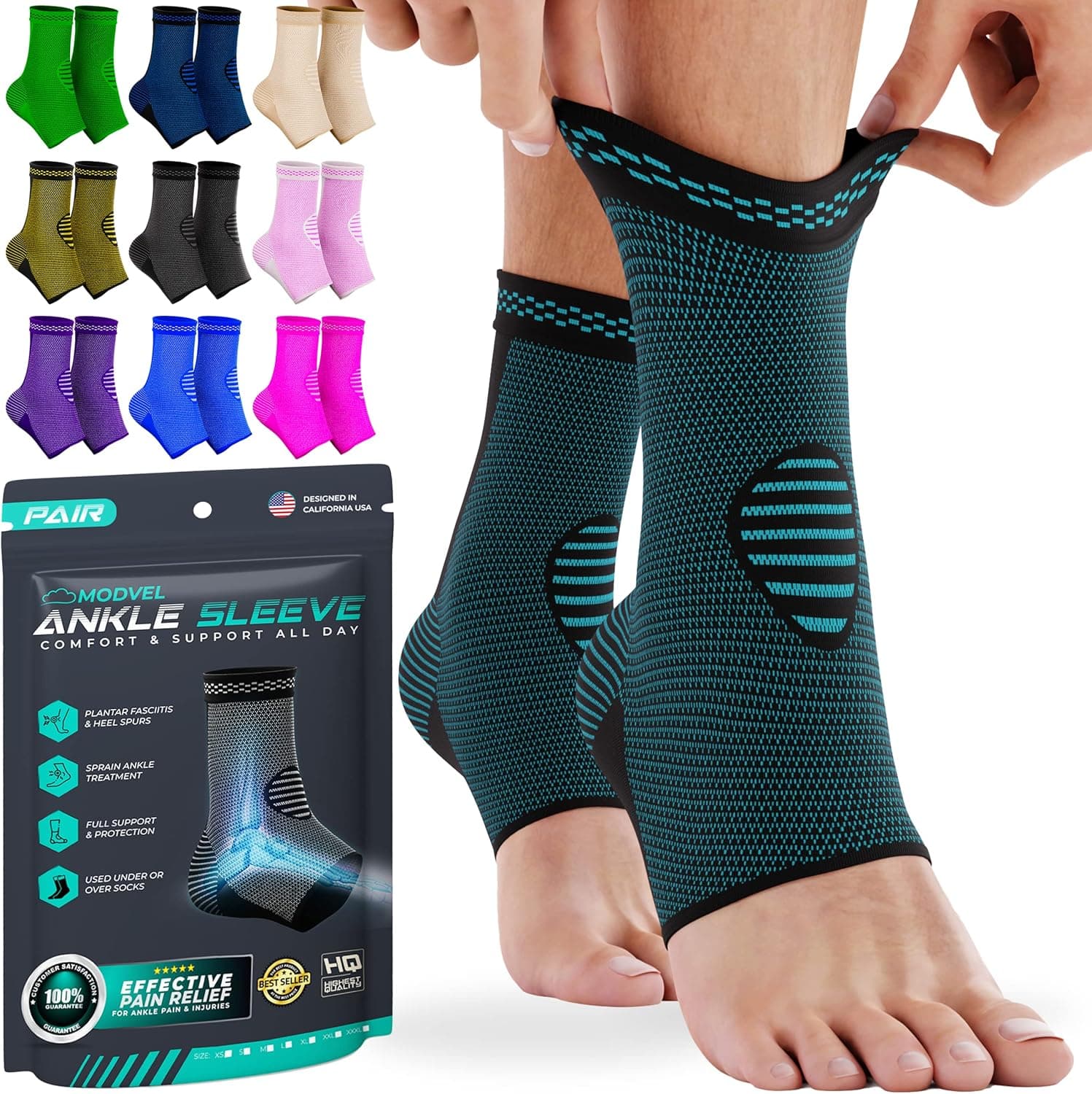 Modvel Ankle Brace for Women & Men - 1 Pair of Ankle Support Sleeve & Ankle Wrap - Compression Ankle Brace for Sprained Ankle, Achilles Tendonitis, Plantar Fasciitis, & Injured Foot