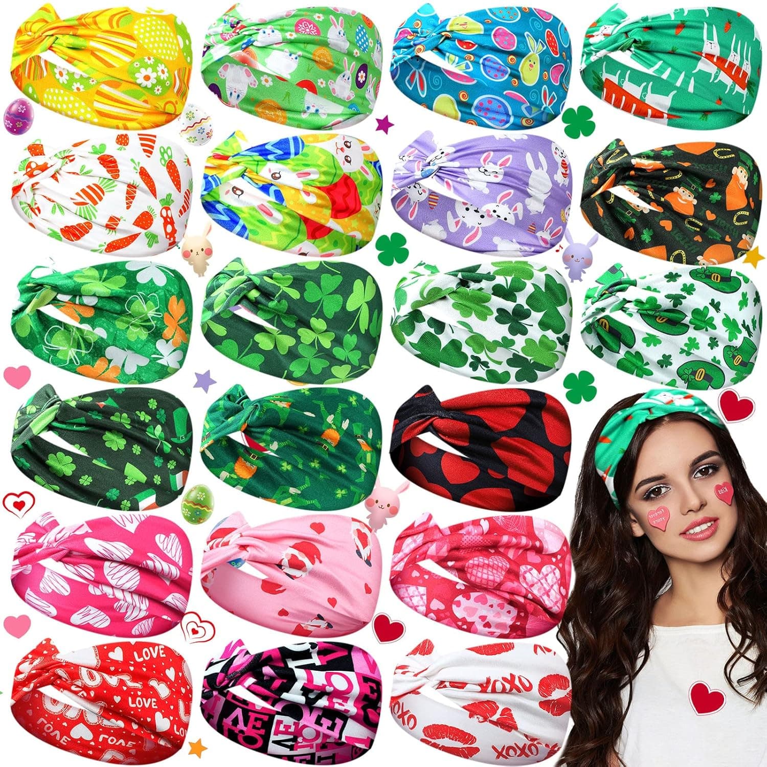 21 Pcs Holiday Headband Easter Day Headbands for Women St. Patrick's Day Valentine's Day Headband Elastic Wide Hair Wrap Stretchy Hairband Assorted Styles Hair Accessories for Yoga Running Workout