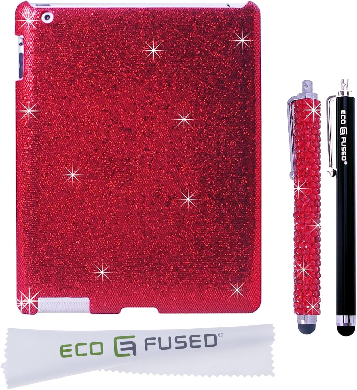 iPad Case - Glitter Hard Case Compatible with Apple iPad 2 and iPad 3 plus 1 Bling Stylus Pen / 1 Long Stylus Pen / 1 ECO-FUSED Microfiber Cleaning Cloth (Red)