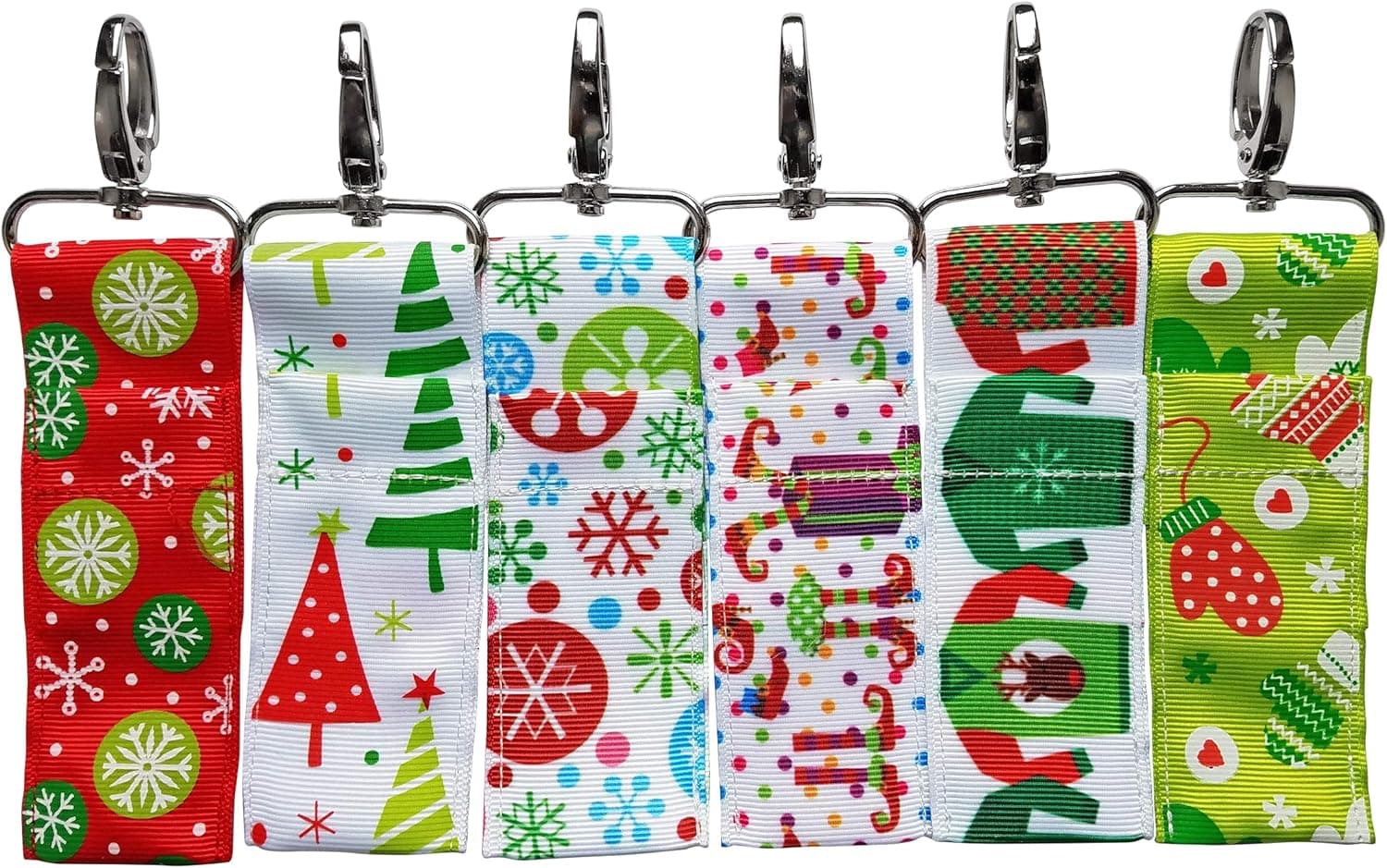 Lip Balm/Chapstick Holder with Clip - Pack of 6 Winter Holiday Patterns (Bright Holiday Mix)