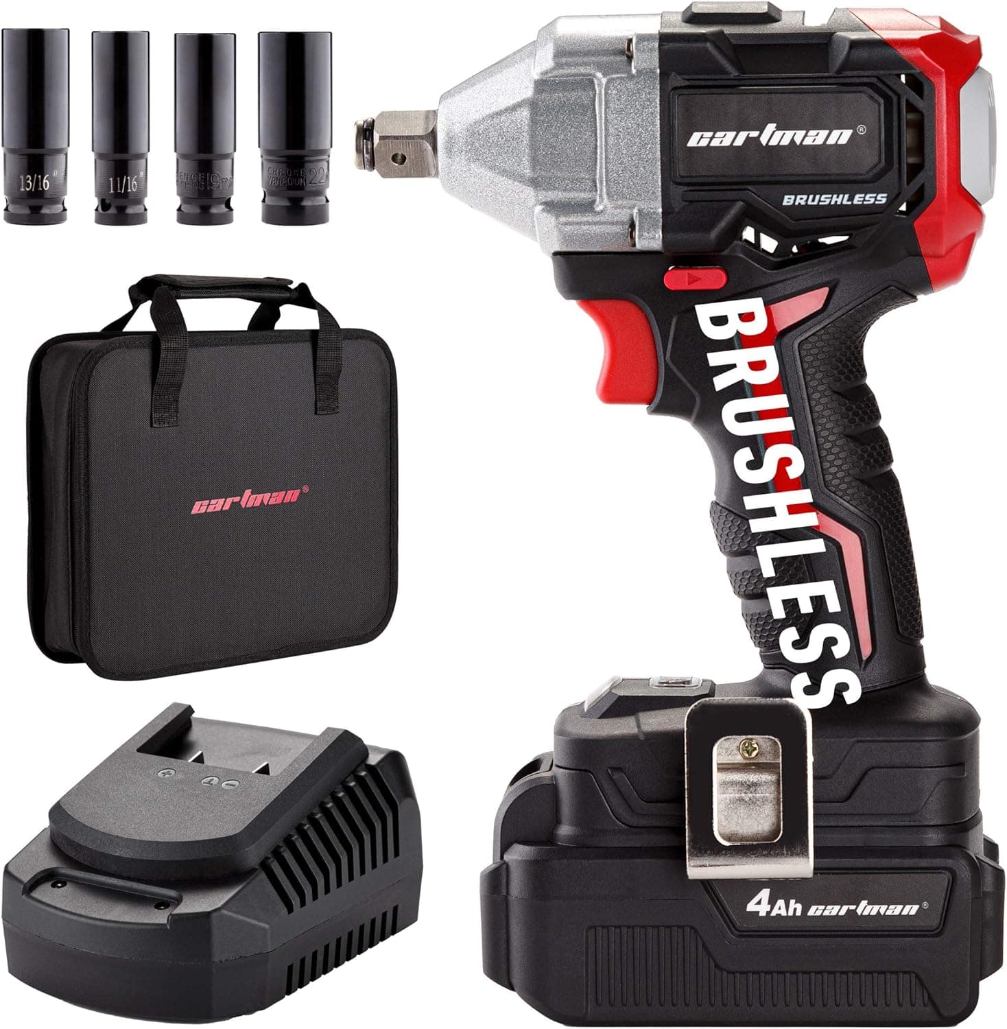 Cartman 20V Max Cordless Impact Wrench, Brushless Motor with 1/2 Inch Chuck, Max Torque 350 N.m, 4 Pieces Drive Impact Sockets, Fast Charger and Tool Bag