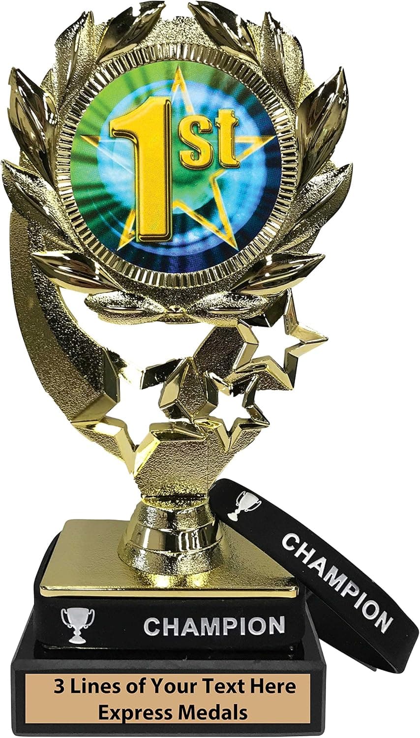 Express Medals 1st Place First Trophy with Removable Wearable Champion Wrist Band Marble Base and Personalized Engraved Plate