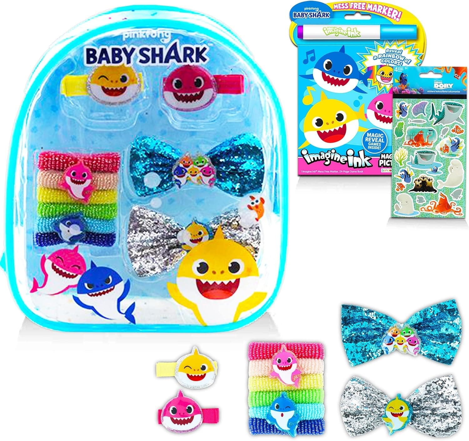 Baby Shark Backpack Hair Accessories Set ~ Deluxe 7" Mini Pinkfong Baby Shark Clear Backpack with Hair Bows, Clips, Ties, Stickers, and More (Baby Shark Dress Up Pretend Play School Supplies Bundle)