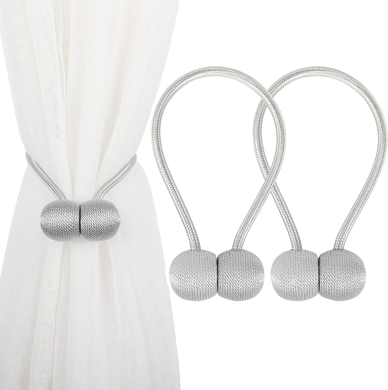 2 Pack Magnetic Curtain Tiebacks,Decorative Drape Tie Backs,The Most Convenient Curtain Rope Holdback Holder,Simple Modern Woven Texture Rope for Small or Thin Window Drapries,12 Inch(Silver Grey)