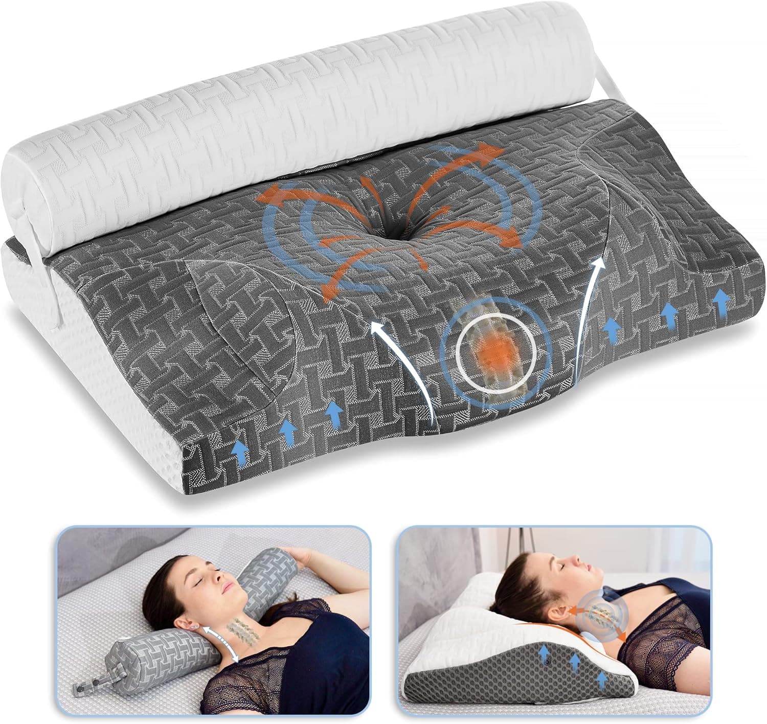 Elviros Cervical Memory Foam Pillow for Neck Pain Relief, Contour Orthopedic Roll Traction Pillows for Side Sleeping, 3 in 1 Ergonomic Adjustable Support Spine Bed Pillow for Back and Stomach Sleeper
