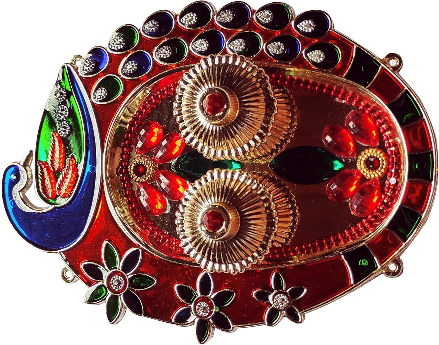 Peacock Shape Pooja Thali for Rakhi Platter Engagement Ring Platter Tilak Thali with 2 Attached Kumkum Holders Diwali Pooja Thali