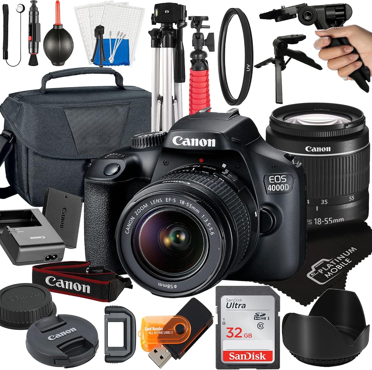 MegaAccessory Canon EOS 4000D Rebel T100 DSLR Camera with 18-55mm Lens + Platinum Mobile Accessory Bundle Package Includes: SanDisk 32GB Card, Tripod, Case, Pistol Grip and More (21pc Bundle)