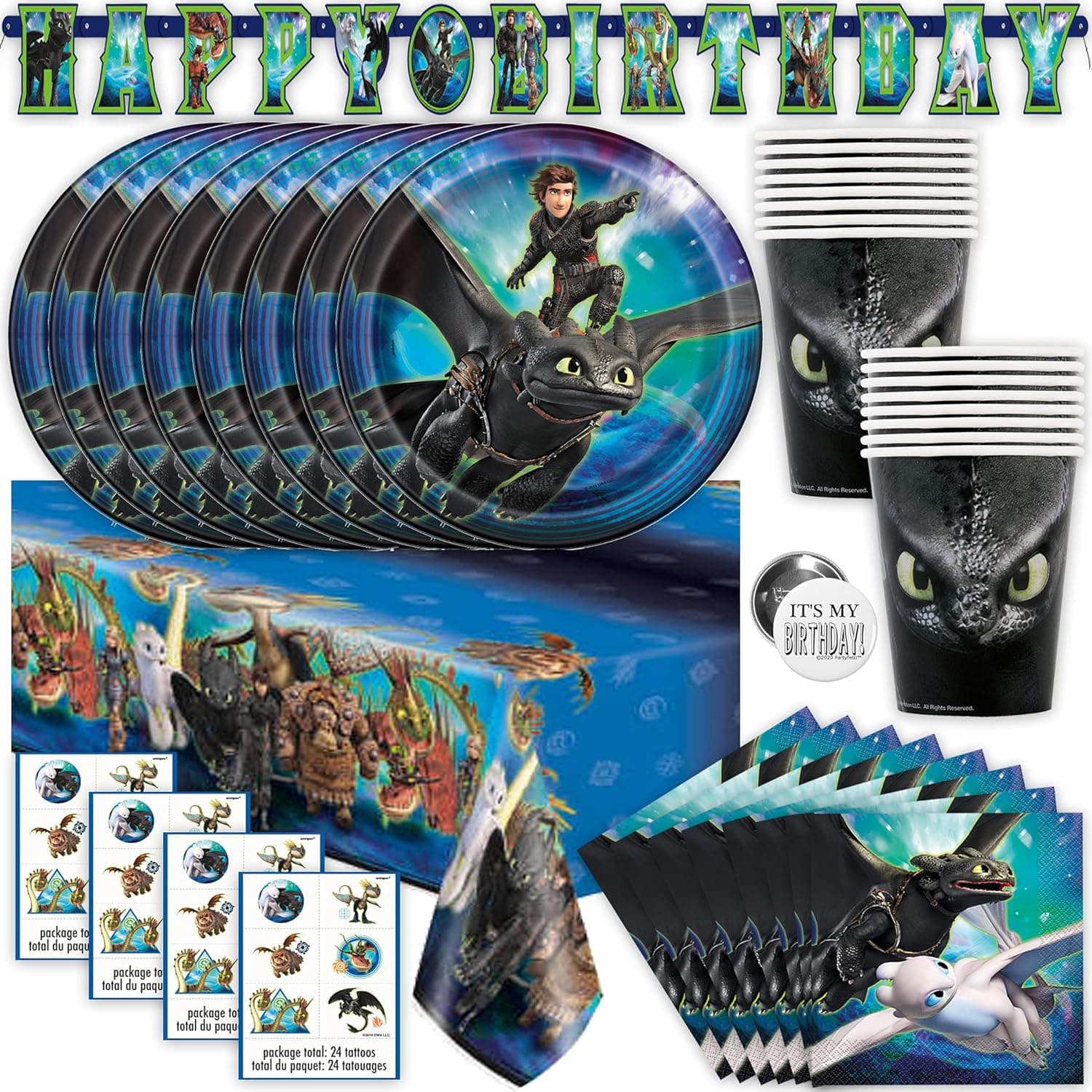 How to Train Your Dragon Party Supplies | How to Train Your Dragon Birthday Decorations | Toothless Party Supplies |Serves 16 Guests | With Table Cover, Banner, Plates, Cups, Napkins, Tattoos & Button