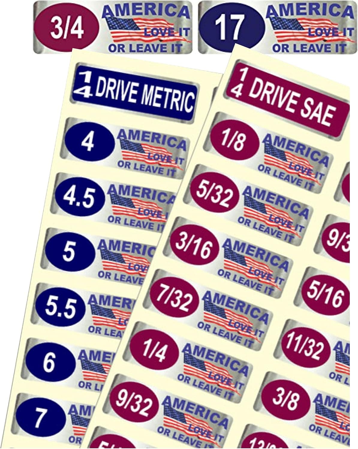 Patriotic Socket Labels - America, Love It Or Leave It Themed - 90 Red, White & Blue Colored Chrome Foil Decals - Give your tools that proud USA look and feel!