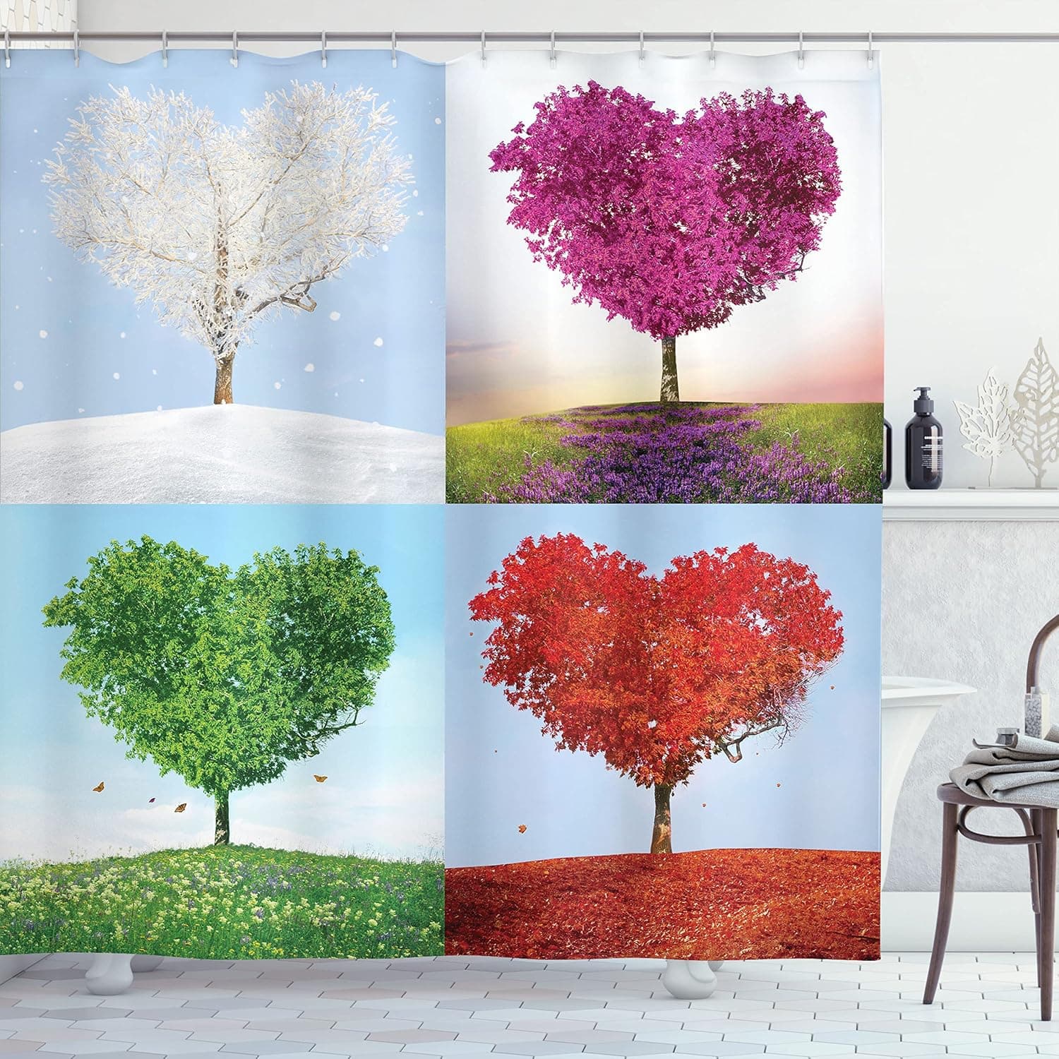 Ambesonne Nature Shower Curtain, Heart Shaped Trees in 4 Seasons of Year Love and Adoration Themed Illustration, Cloth Fabric Bathroom Decor Set with Hooks, 69" W x 70" L, Purple Soft Blue Redwood
