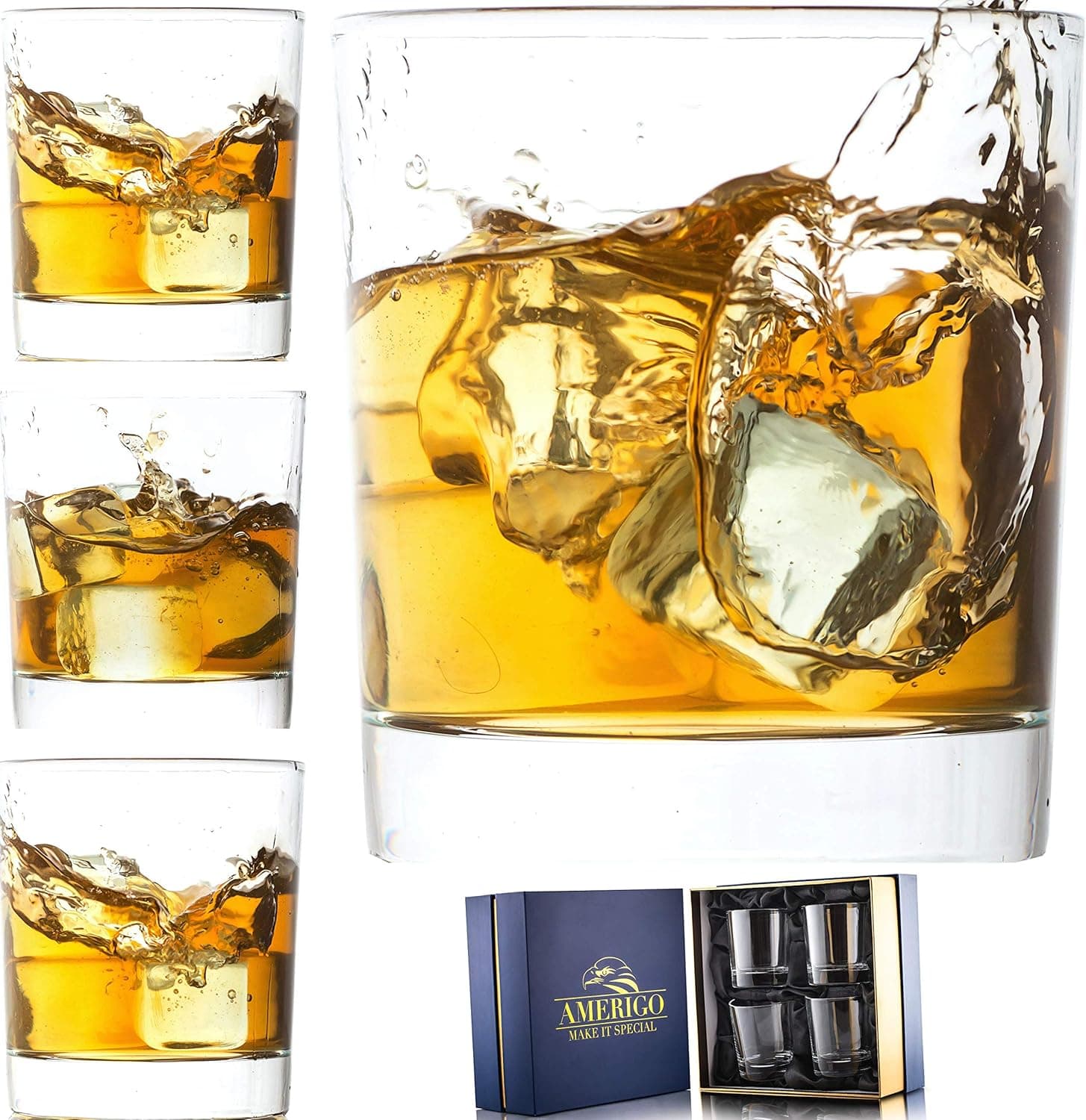 Amerigo Crystal Whiskey Glass Set of 4 in Luxury Gift Box - Heavy Base Old Fashioned Whiskey Glasses 12oz for Scotch - Whisky Gift for Men - Bourbon Glass Tumblers - Fathers Day Gift - Home Bar Set