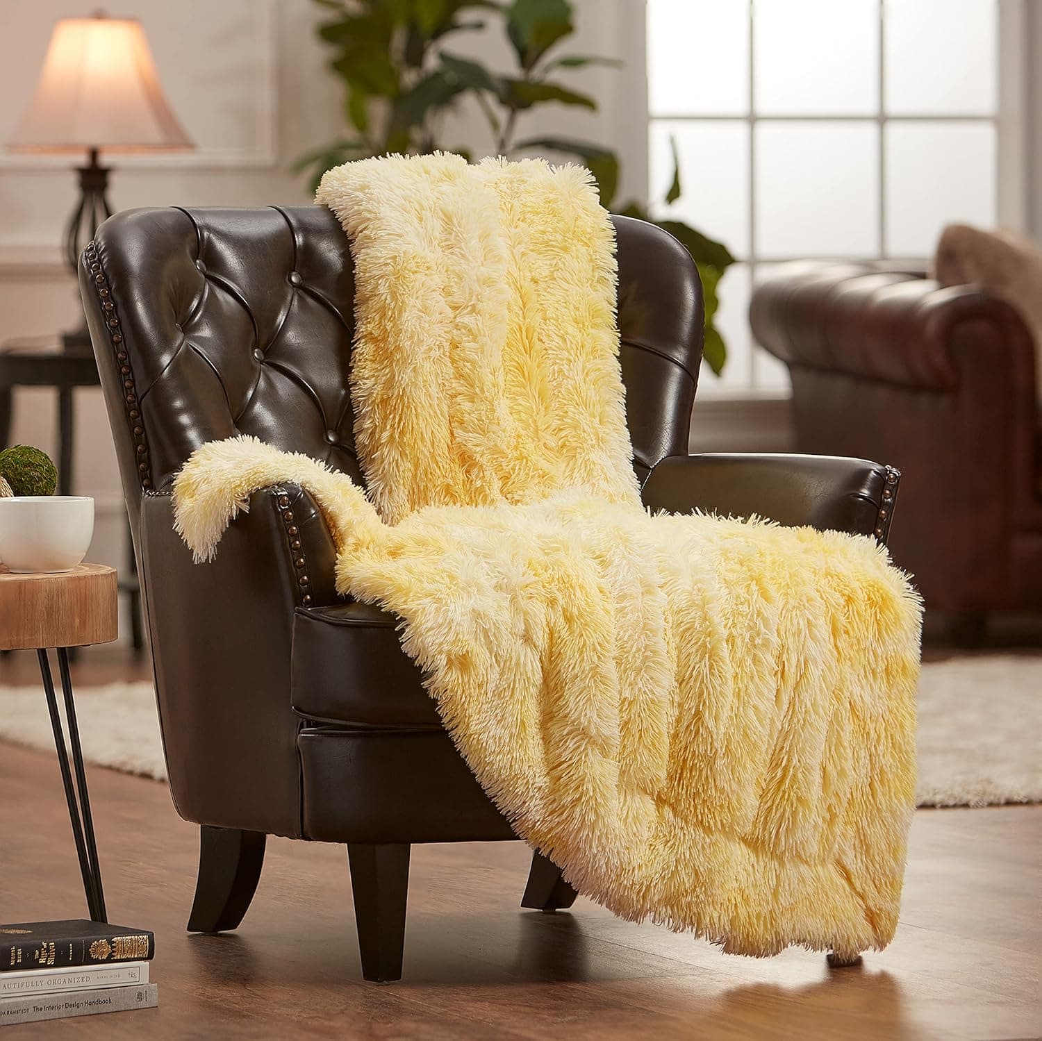 Chanasya Wolf Faux Long Fur Throw Blanket - Soft, Fuzzy Throw Blanket - for Bed or Couch - 50" x 65” - Yellow