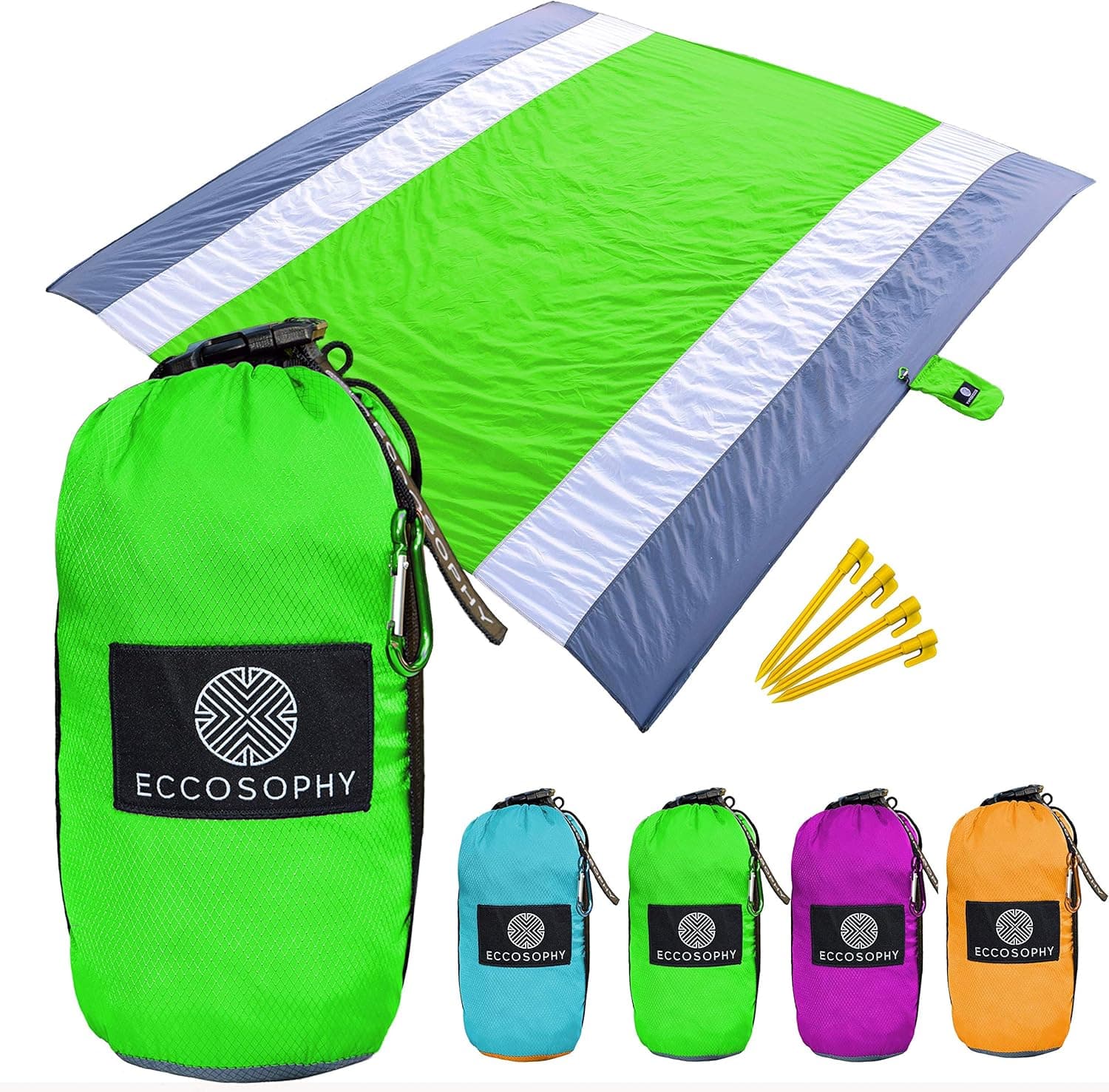 ECCOSOPHY Sandproof Beach Blanket - Oversized Sand Free Beach Mat 9'x10' - Lightweight Outdoor Mat - Double Anchored with 4 Corner Sand Pockets & Plastic Stakes - Heat Proof, Quick Drying & Compact