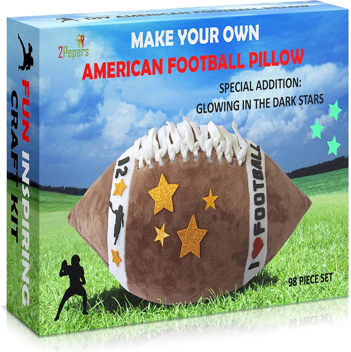 2Pepers Make Your Own American Football Pillow, Arts and Crafts Kit for Kids, Toy Gifts for Boys and Girls Ages 3 4 5 6 7 8 9 10 Years and Up (No Sewing Needed), DIY Stuffed Football Pillow Project