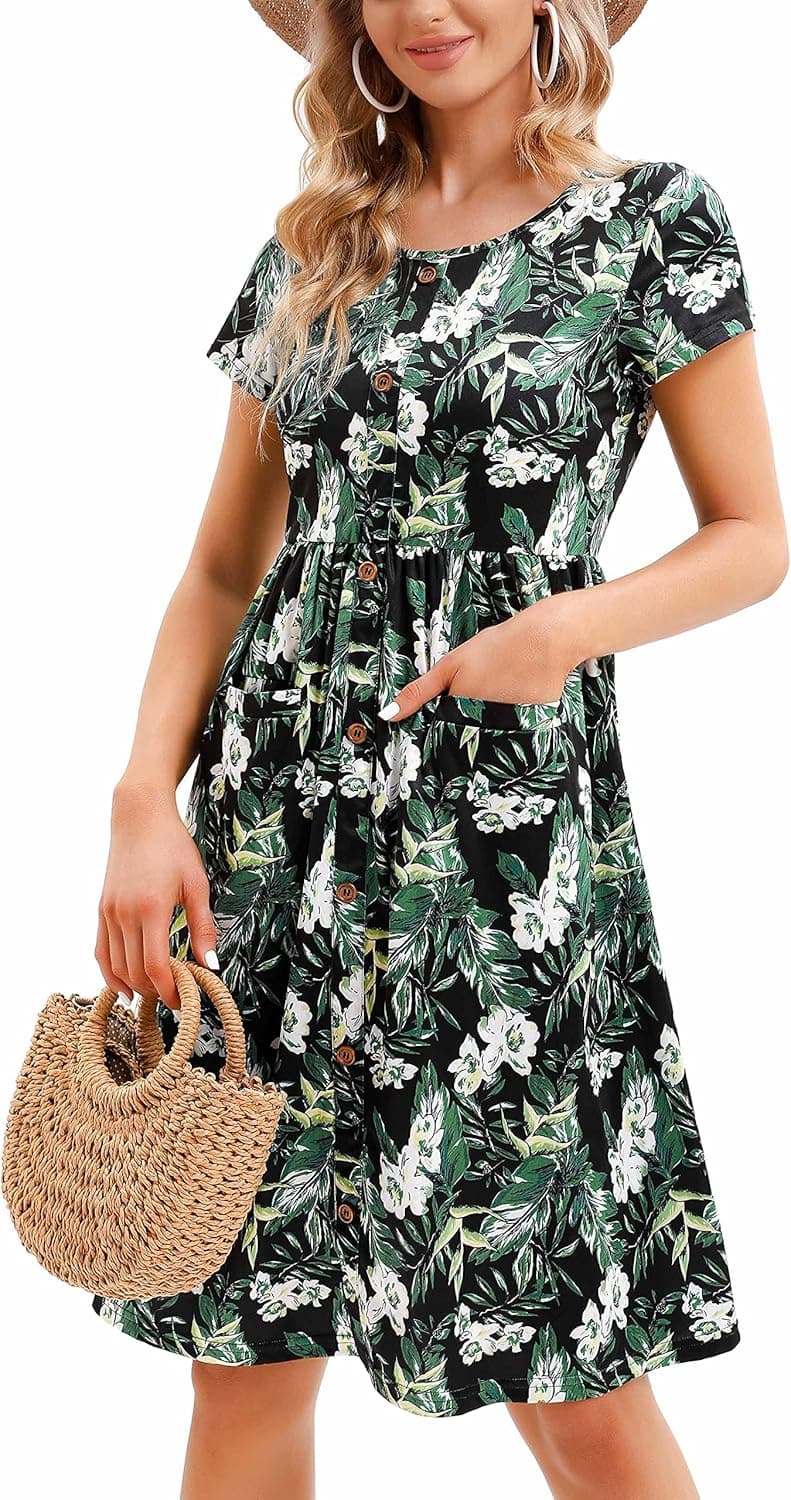 Ewedoos Midi Dress with Sleeves - Flowy Casual Summer Dresses for Women, Floral Trendy Dresses with Pockets