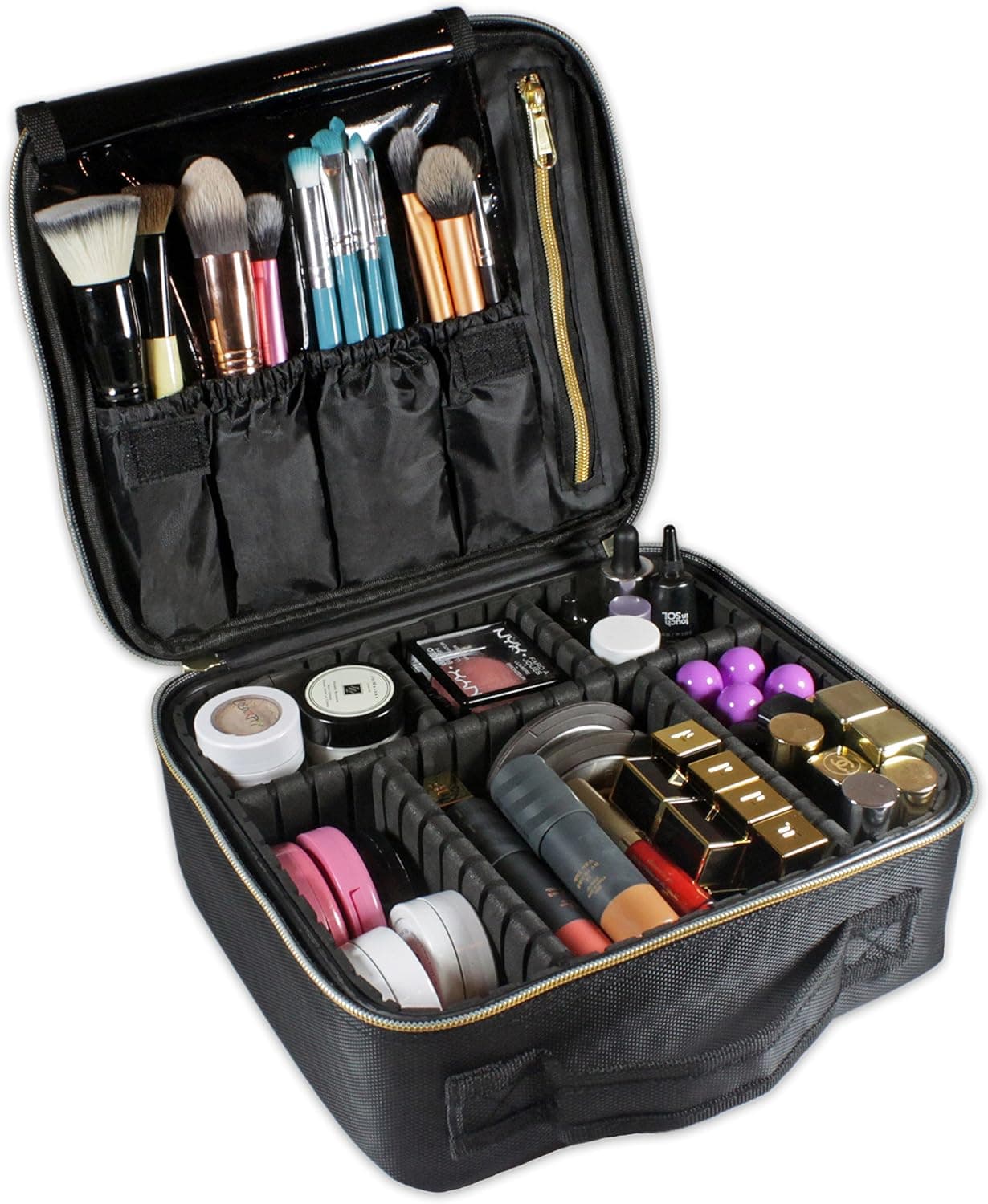 Travel Makeup Train Case Organizer Bag, Portable Cosmetic Case Artist Storage Bag with Adjustable Dividers for Cosmetics & Makeup Brushes or Toiletries (Jet Black)