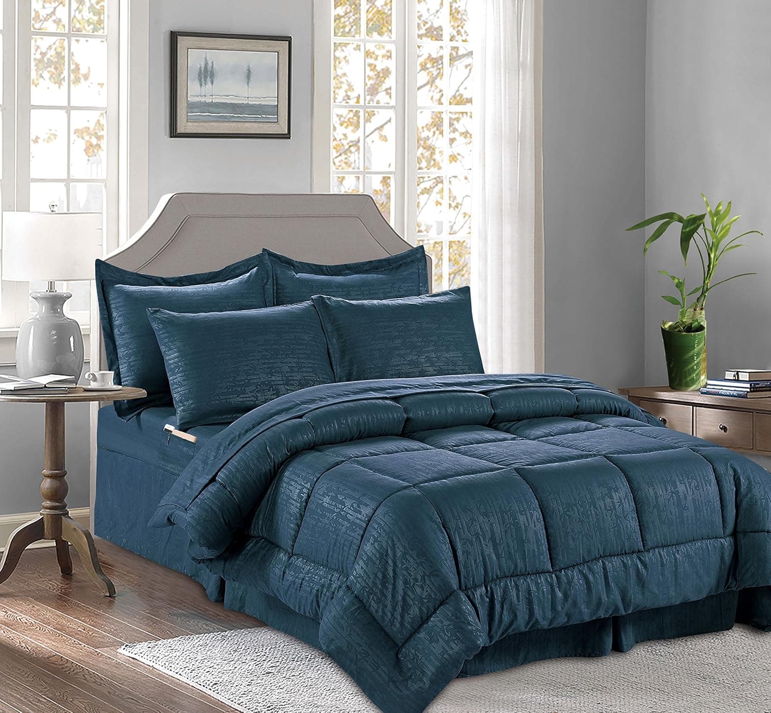 Elegant Comfort Luxury Bed-in-a-Bag Comforter Set on Amazon Wrinkle Resistant - Silky Soft Bamboo Pattern Complete Bed-in-a-Bag 8-Piece Comforter Set - King Navy Blue