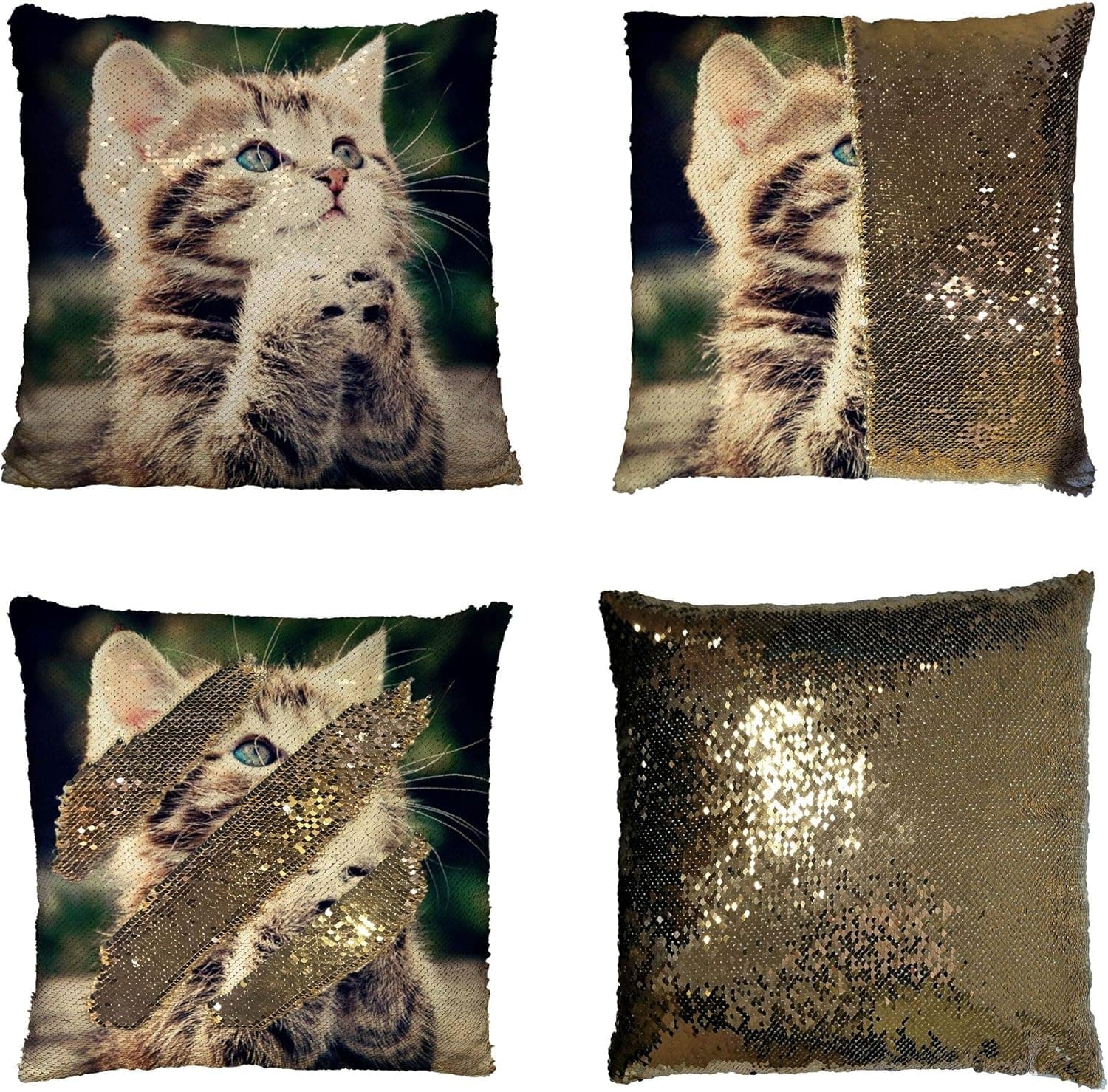 BlingC Custom Animals Kitten Cat Reversible Mermaid Sequin Pillow Case Home Decor Cushion Cover 18x18 Inches