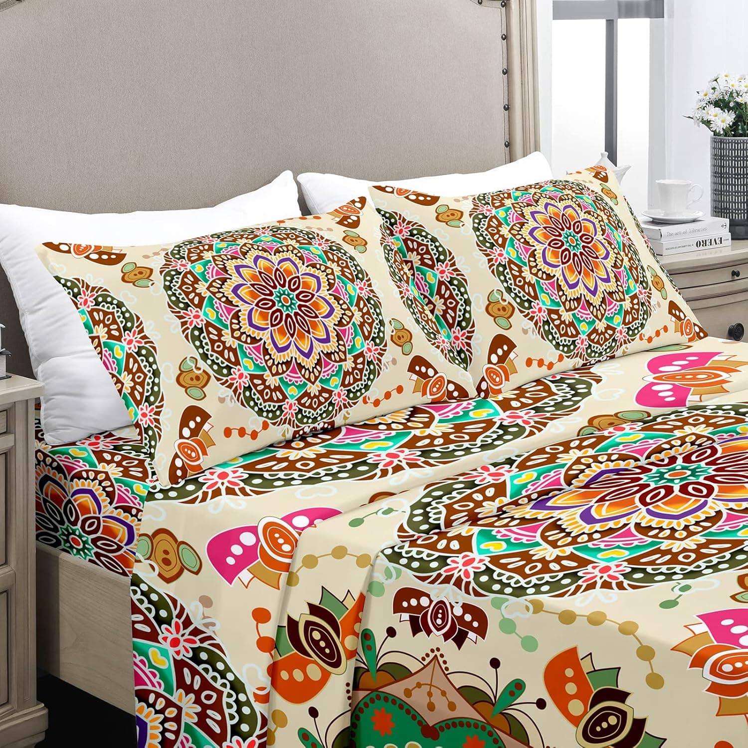YIYEA Boho King Size Sheets Set - 1800 Thread Count Brushed Microfiber Boho Bed Sheets for King Size Bed - Extra Soft, Deep Pocket, Shrinkage and Fade Resistant - 4 Piece Set (King)