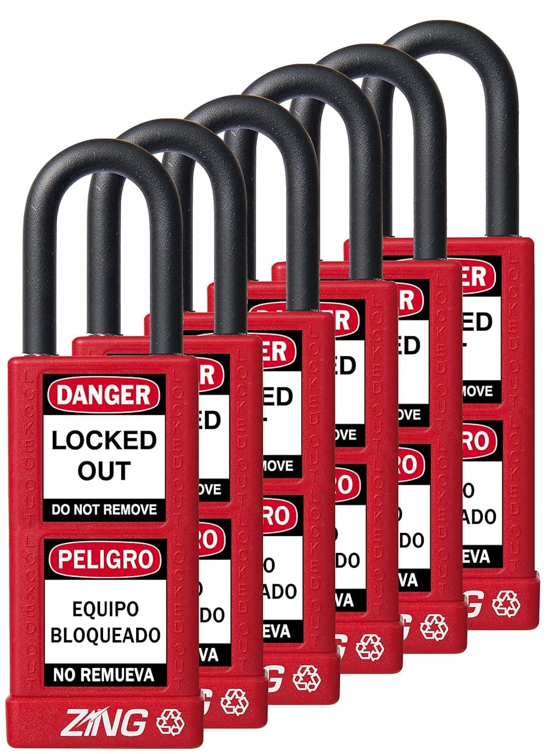ZING 7087 RecycLock Safety Padlock, Keyed Alike,1-1/2" Shackle, 3" Long Body, Red, 6 Pack