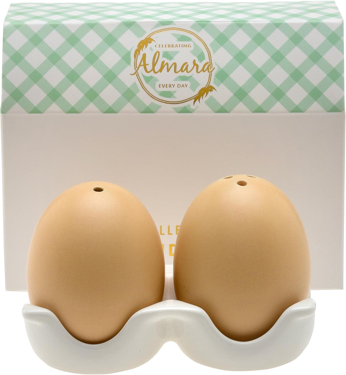Egg Shaped Salt and Pepper Shakers by Almara Range - Novelty Gloss Ceramic Shaker Set - Salt and Pepper Holders For Table, Baking, and Cooking - Cute, Fun Farmhouse Themed Kitchen Accessory and Gift
