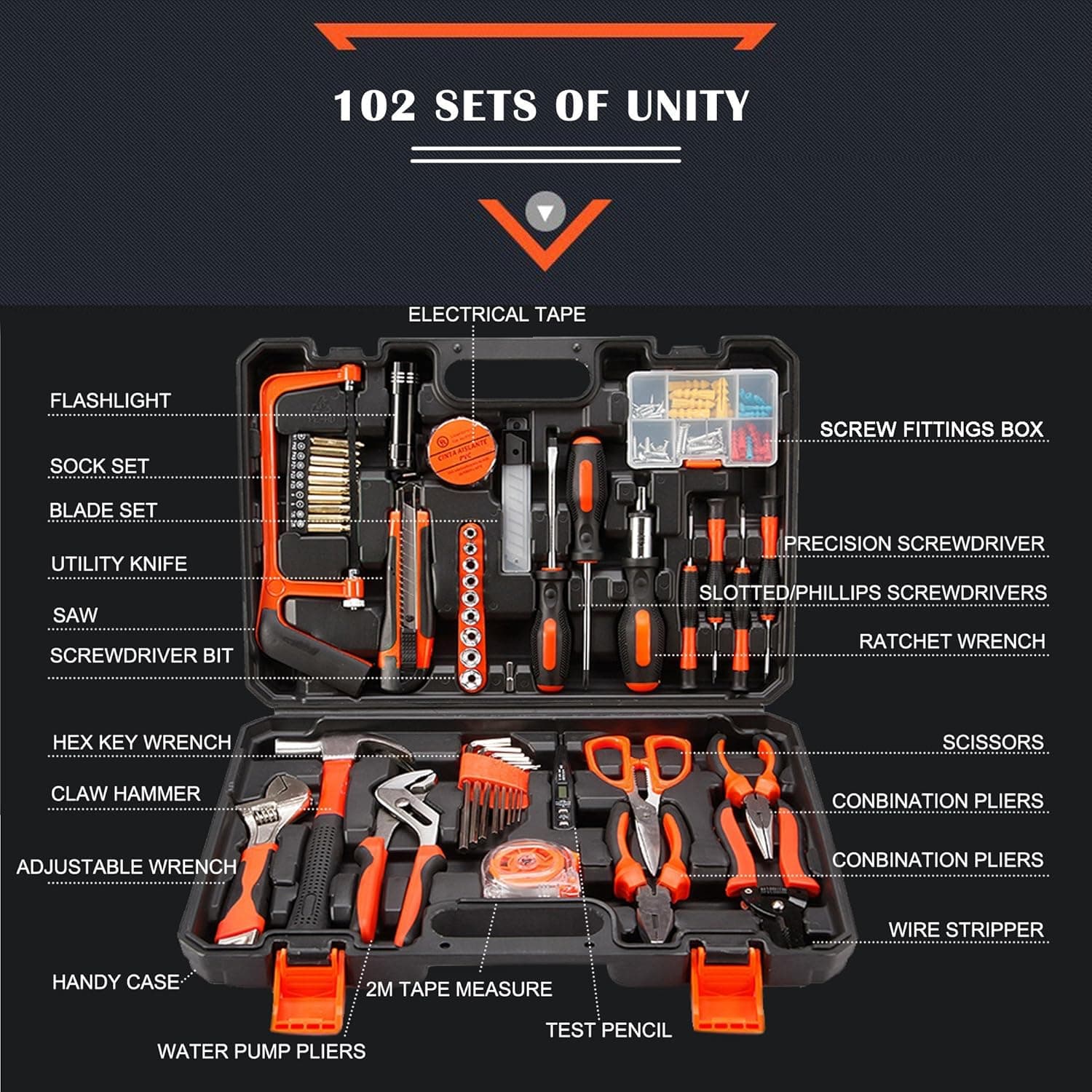 COLMAX 102PCS Home Improvement Tool Kit, Household repairing Mixed Tool Set, with Plastic Blow Molded Tool Box Storage Case,Daily Use