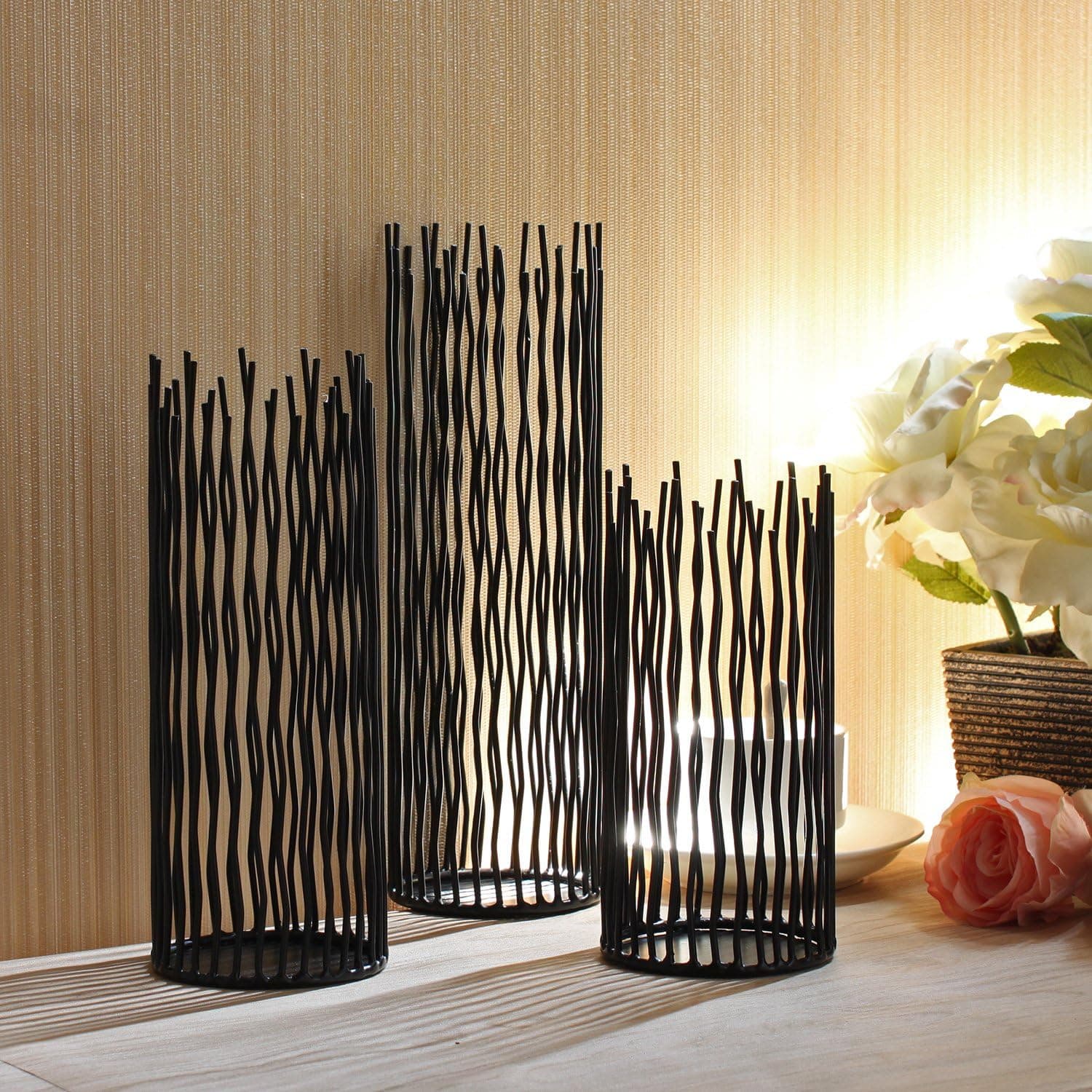 Metal Iron Willow Led Pillar Candle Holder Set of 3, Modern Black Table Centerpiece Set,8/10/12 inch Height, for Indoor & Outdoor Decora, Dining Room, Home Decoration(Not Contains Led Candle)