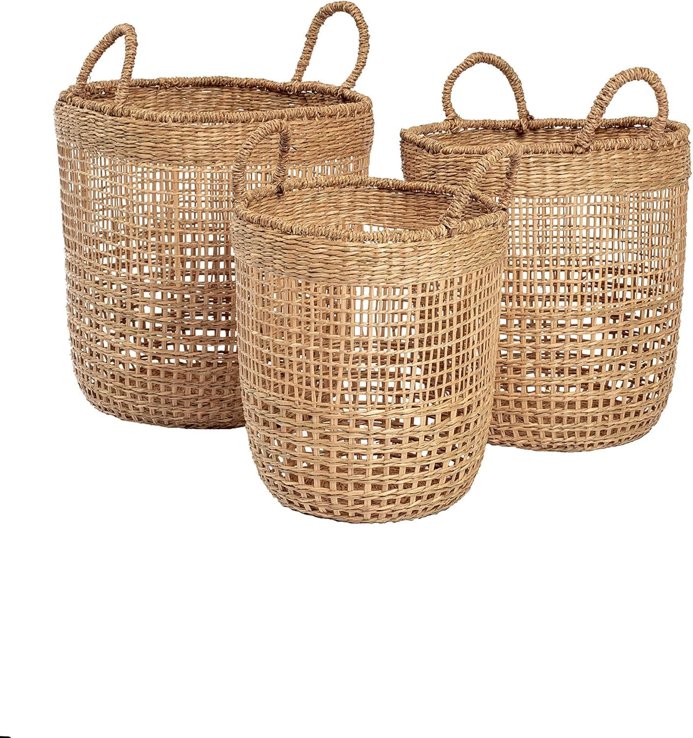 Woven Seagrass Baskets, Set of Three Large Wicker Basket for Home Decor, Tall Round Decorative Planter Basket, Toy Storage, Throw Blanket Basket, Laundry Basket with Handle for Boho or Farmhouse Decor.