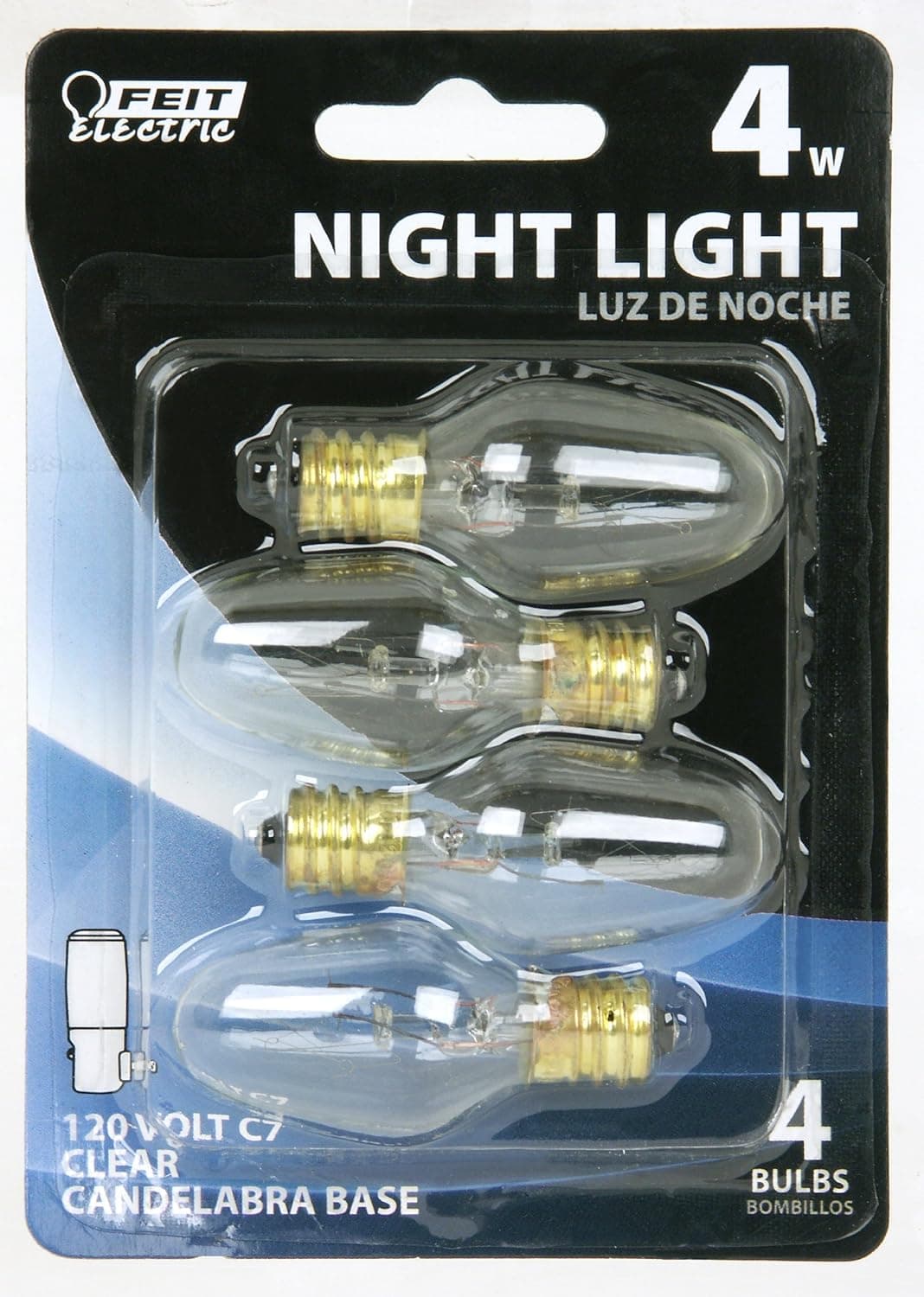 Feit Electric BP4C7/4 4-Watt C7 Night Light Bulb with Candelabra Base, Clear, 4 Pack