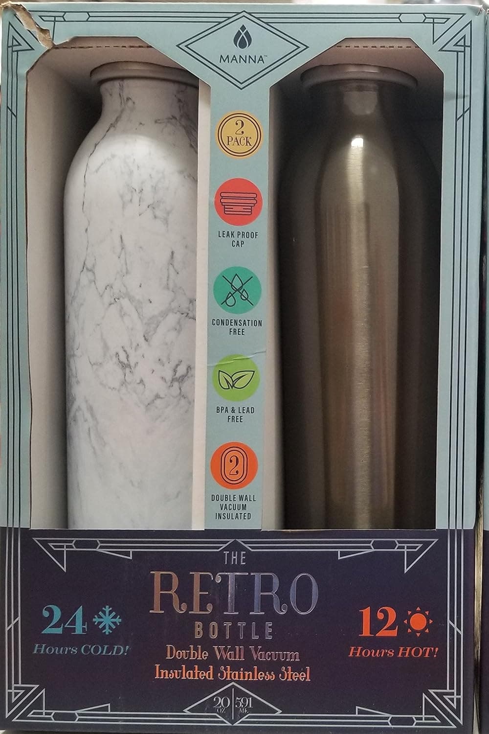 The Retro Bottle 2 Pack 20oz Stainless Steel Water - Keeps Liquids Perfectly Hot or Cold with Double Wall Vacuum Insulated Sweat Proof Sport (White Marble, Brown)