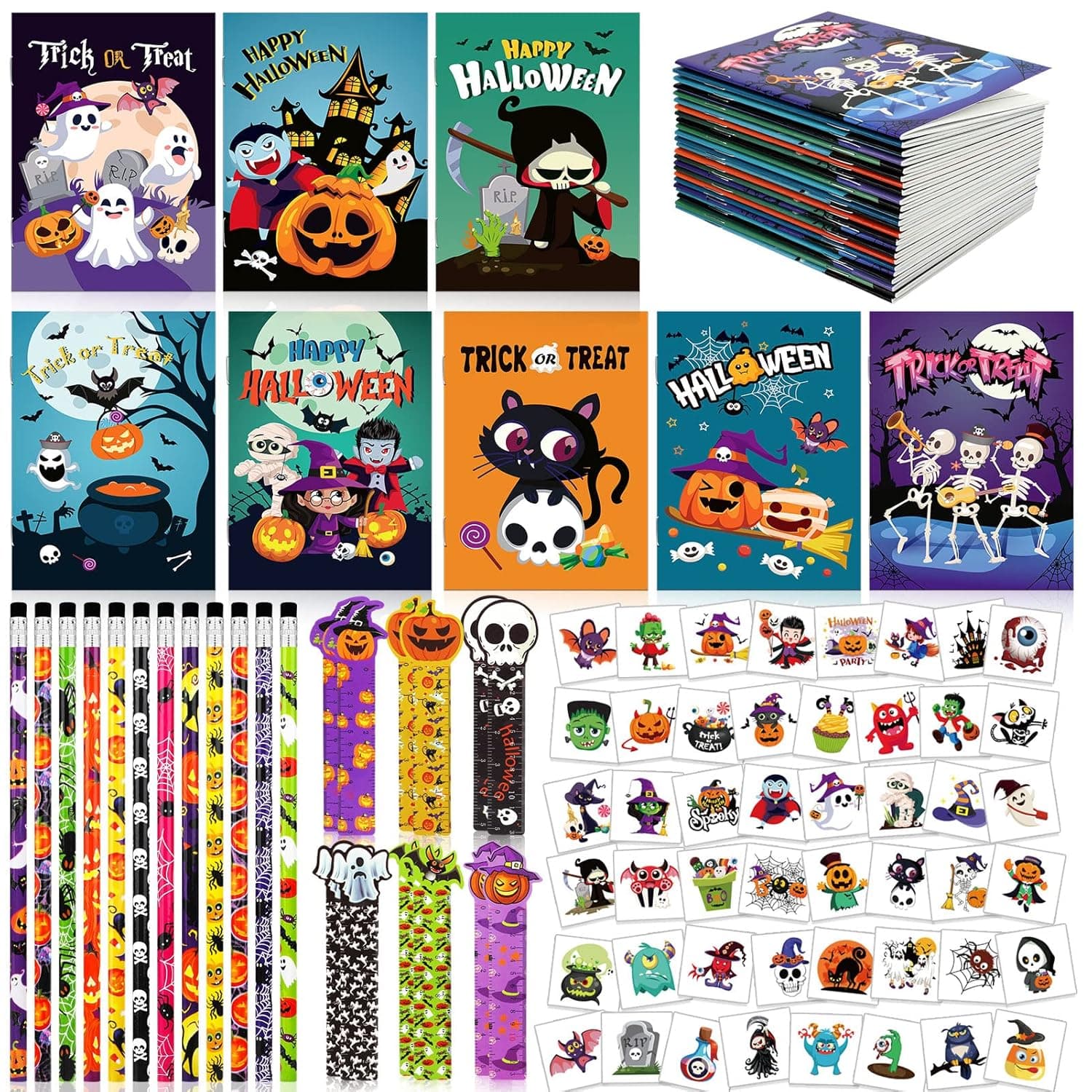 HOWAF 88 Pcs Halloween Party Favors Gift for Kids - Include Halloween Temporary Tattoos Halloween Notepads Halloween Pencils Halloween Rulers, Trick or Treat Gift Stationary Gift for Kids Goodie Bags Fillers