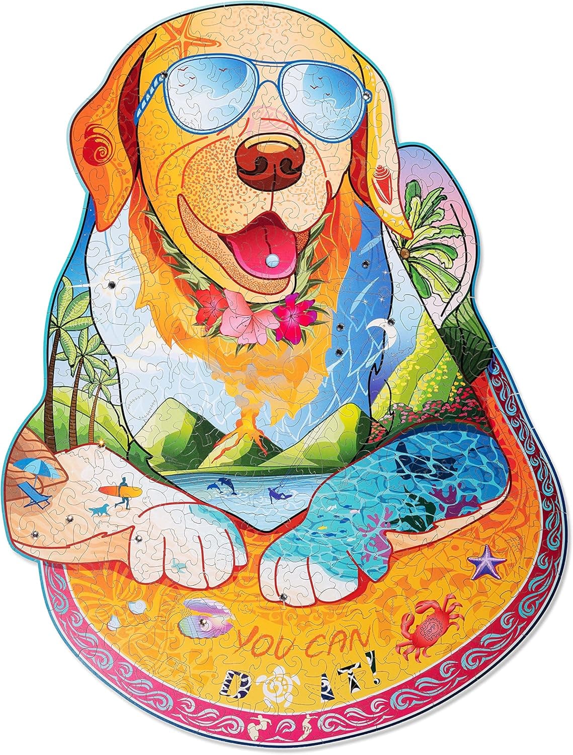 Wood Trick Surfing Labrador Dog Wooden Jigsaw Puzzle for Adults and Kids - Decorated w/Shimmering Crystals - 18 x 13.6 in - Animal Unique Shaped Figured Jigsaw Puzzle Pieces - Premium Quality