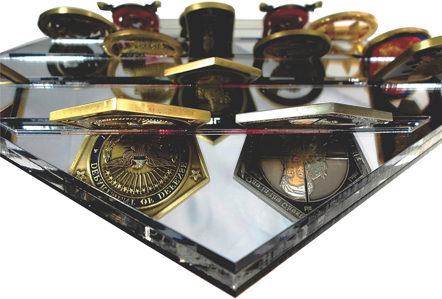 Gaus-USA Pentagon Challenge Coin Display, Five Rows, Super Clear Mirror. Lucite