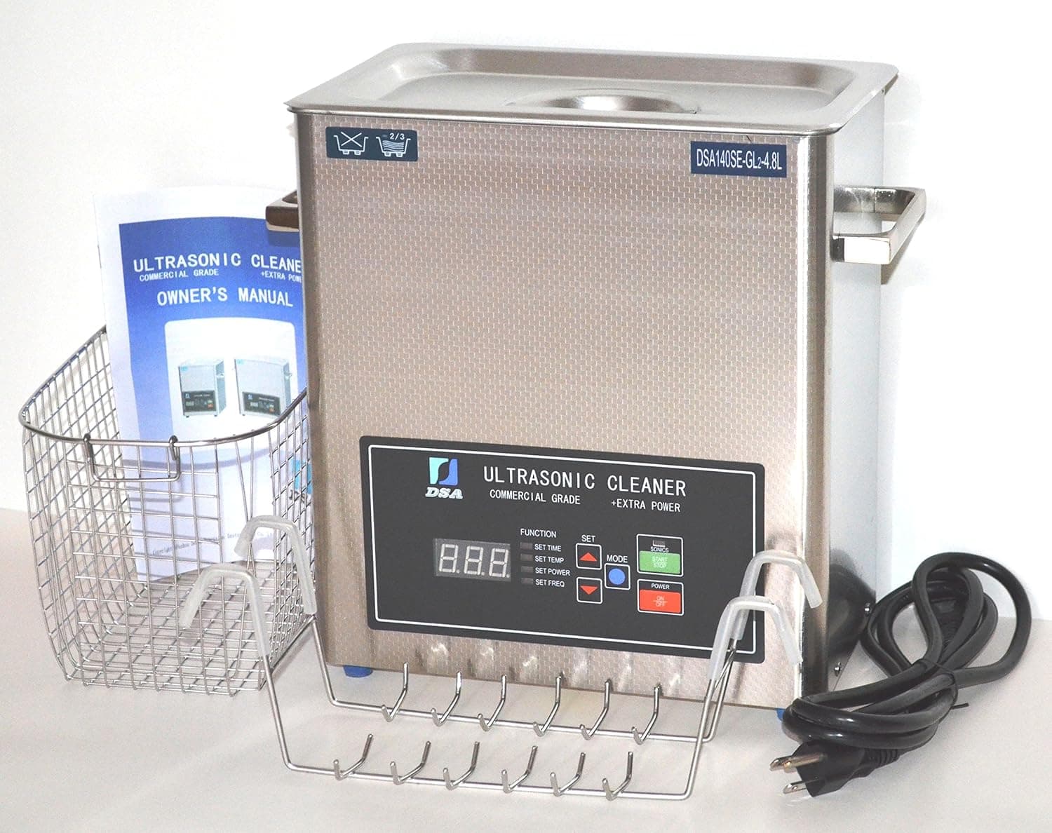 FULL SET: DSA140SE-GL2 4.8L 5Qt 440W ADJUSTABLE 20/40 KHz FREQUENCY HEATED INDUSTRIAL STAINLESS STEEL ULTRASONIC PARTS CLEANER WASHER MACHINE WITH INBOARD BASKET, CLEANING RACK AND TOP COVER LID. PROFESSIONAL JEWELRY DENTAL TATTOO REPAIR SHOPS USE