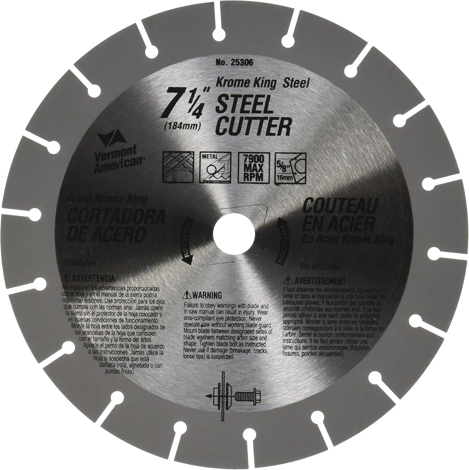 Vermont American 25306 5/8-Inch Arbor 7-1/4-Inch 18 Tooth Krome King Steel Cutting Saw Blade