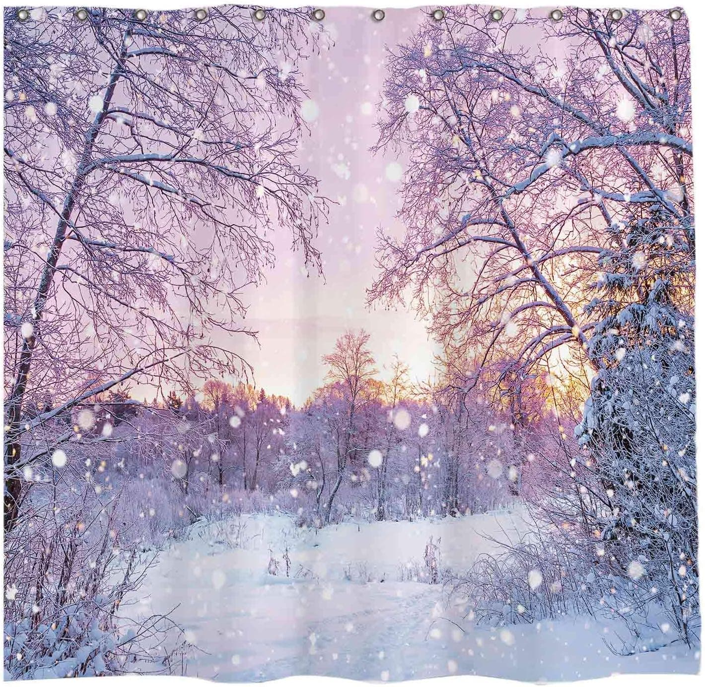 Allenjoy 72x72 inch Winter Snowing Landscape Shower Curtain Set with 12 Hooks Christmas Wonderland Snowflake Bokeh Glitter Forest Bathroom Curtain Durable Waterproof Fabric Bathtub Sets Home Decor